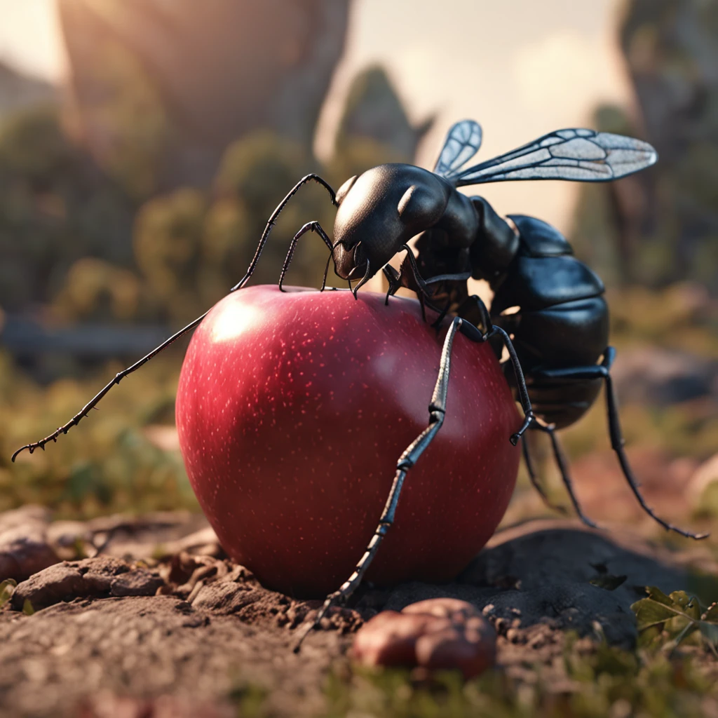 A giant ant lies on a bitten apple，The apple was bitten，Apple is missing a piece，An ant lies on an apple，Dreamy light，Low-angle lens shooting，photorealistic cinematic render, Cinematic 3D rendering, realistic cgi render, Depicted as a 3D rendering