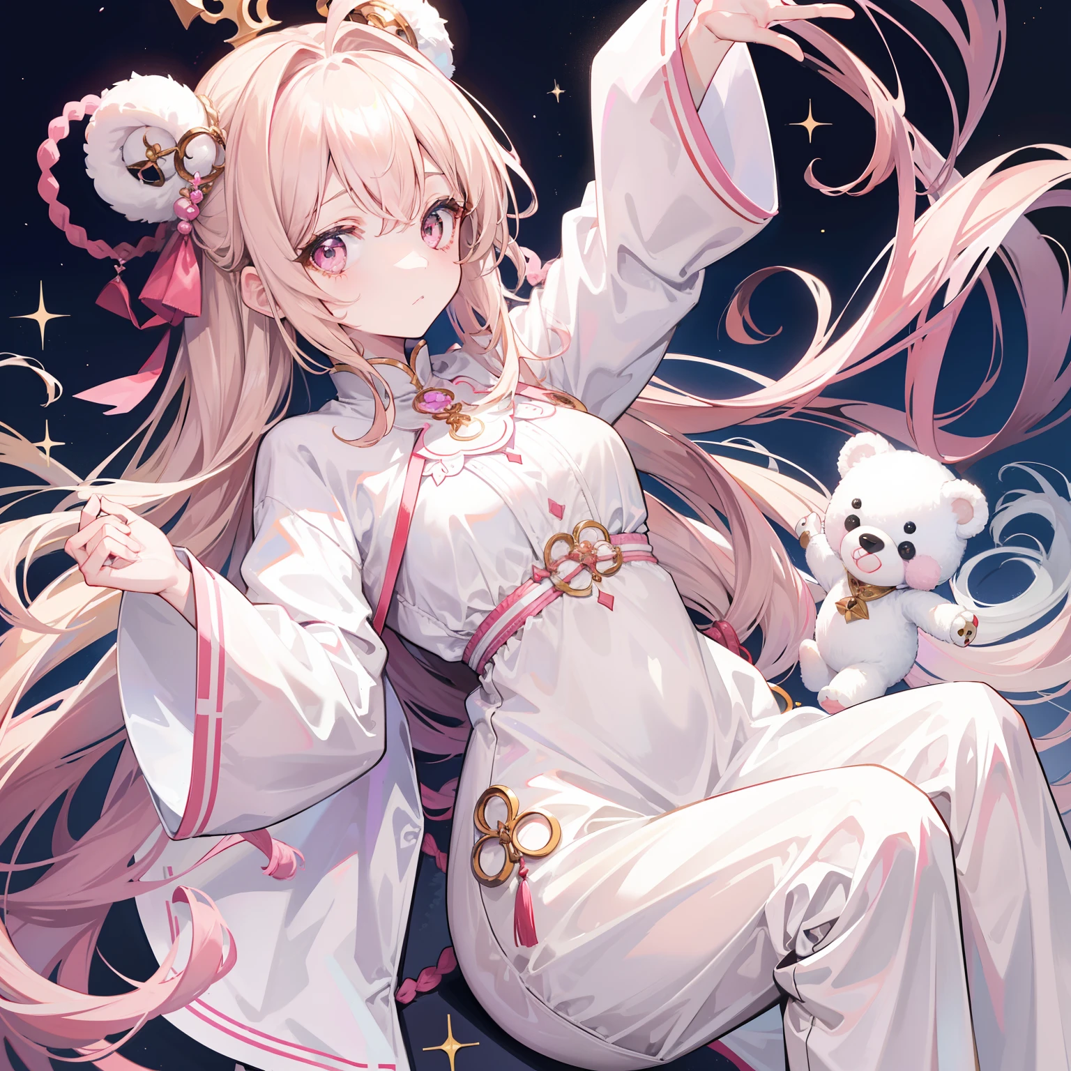 The title of Douluo Continent with multiple pale pink soul rings,It's Sister Lori,Light rice and cream white color scheme,light-brown long hair,baggy clothes,Known as the Muppet Bear Puppeteer,It's a cute and cute girl,