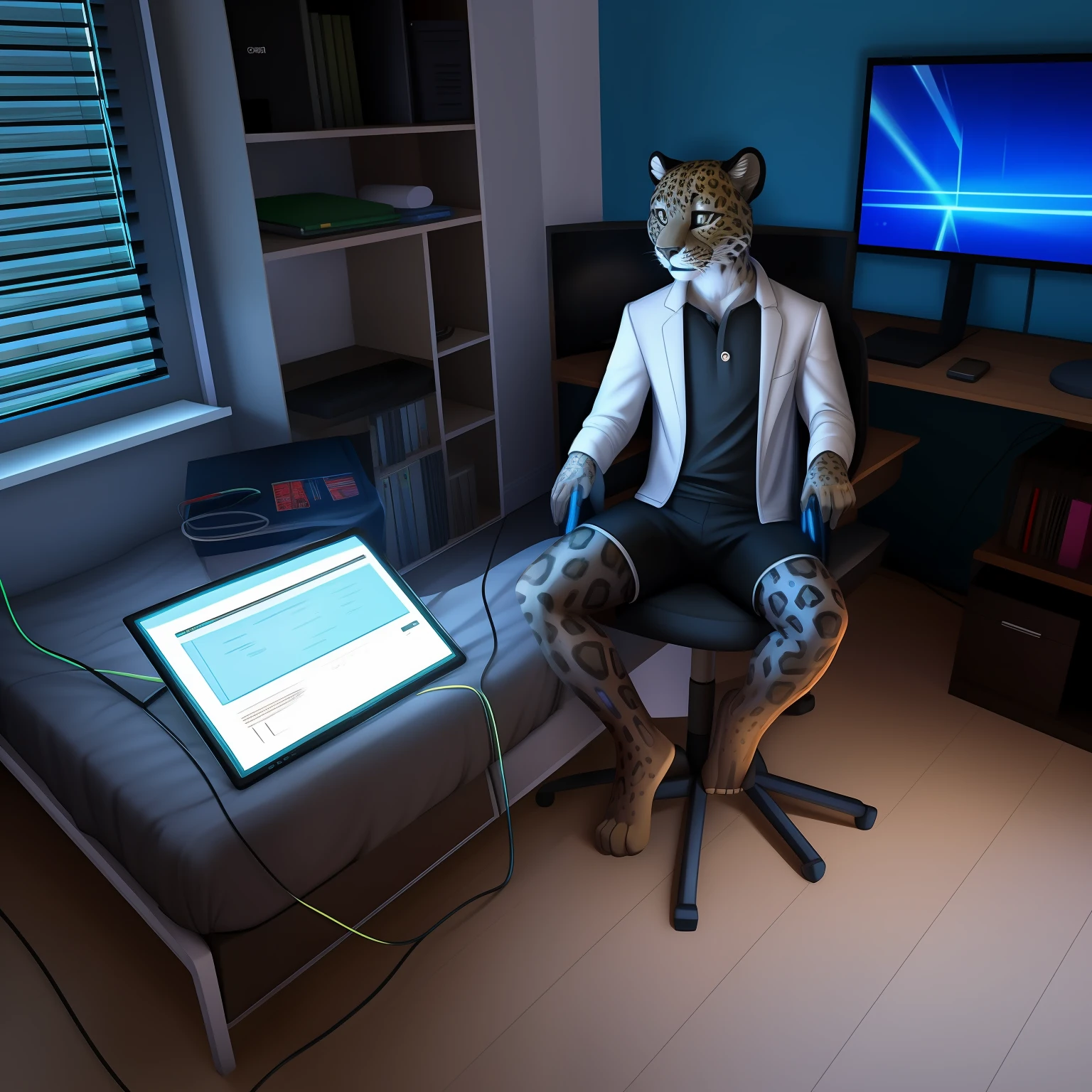 robot Leopard,Wear white vest,Black shorts,Barefoot,electrical wires,Electric currents,Computer,sit on a bed,(photo-realistic)