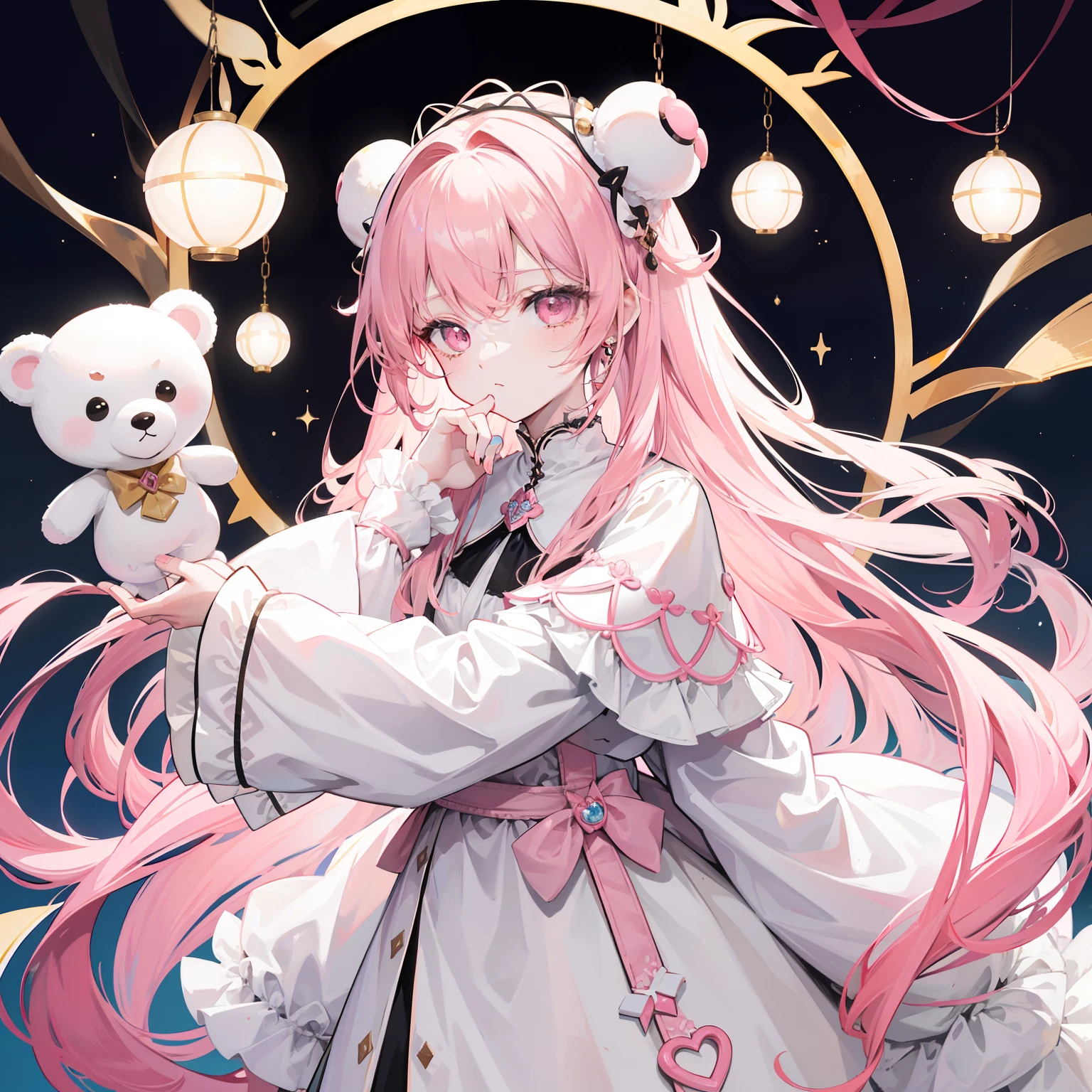 The title of Douluo Continent with multiple pale pink soul rings,It's Sister Lori,Light rice and cream white color scheme,light-brown long hair,baggy clothes,Known as the Muppet Bear Puppeteer,It's a cute and cute girl,