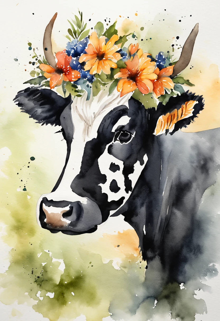 A cute American black and white spotted cow，A bright wreath is worn on his head，Positive perspective，cow head，