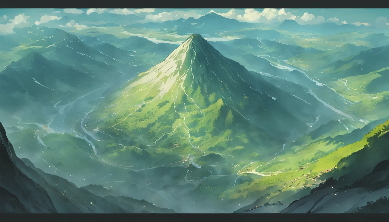 tmasterpiece,best qualityer,scenecy,Green mountains,Big green mountain in the shape of pudding,There is a mountain road to the top of the mountain, volcanoes, Aerial view of the mountain