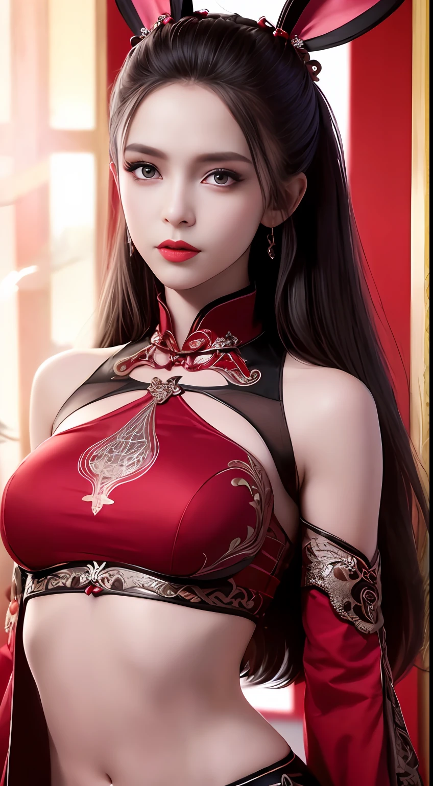 （From the outside） ， many color，Best quality at best，tmasterpiece，photograph of-realistic，Complicated details，RAW photogr，Court，Gorgeous cheongsam，Extra-long hair，cropped shoulders，delicated face，Expose cleavage，decorations，Hide hands