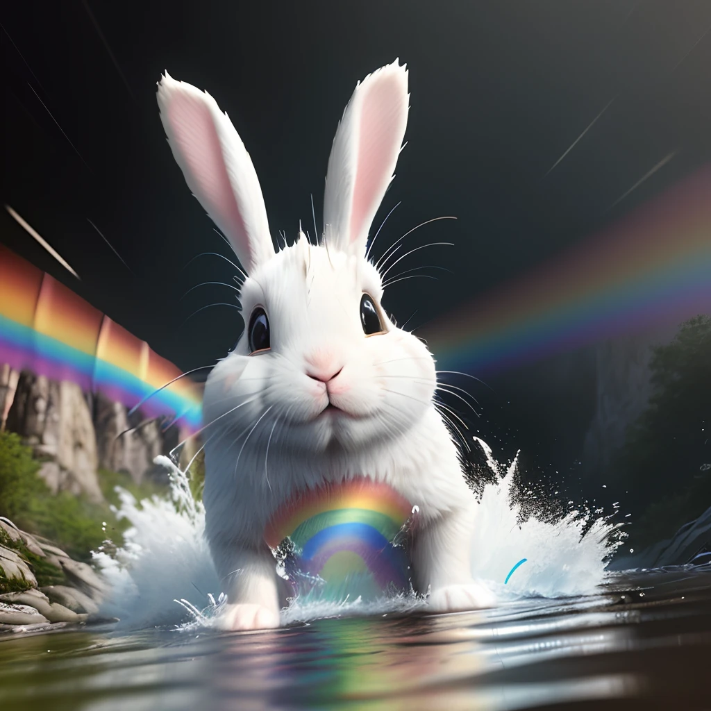 a photo of the bunny with a rainbow T-shirt and painful face when he falls and lay down into the stream, a panorama view, wet illustration, (((scare stream))), vibrant colors, action shots, 3D cartoon character, photorealistic 3d rendering, realistic photography, cinematic scenes, smoke around, 4k resolution, foggy, misty