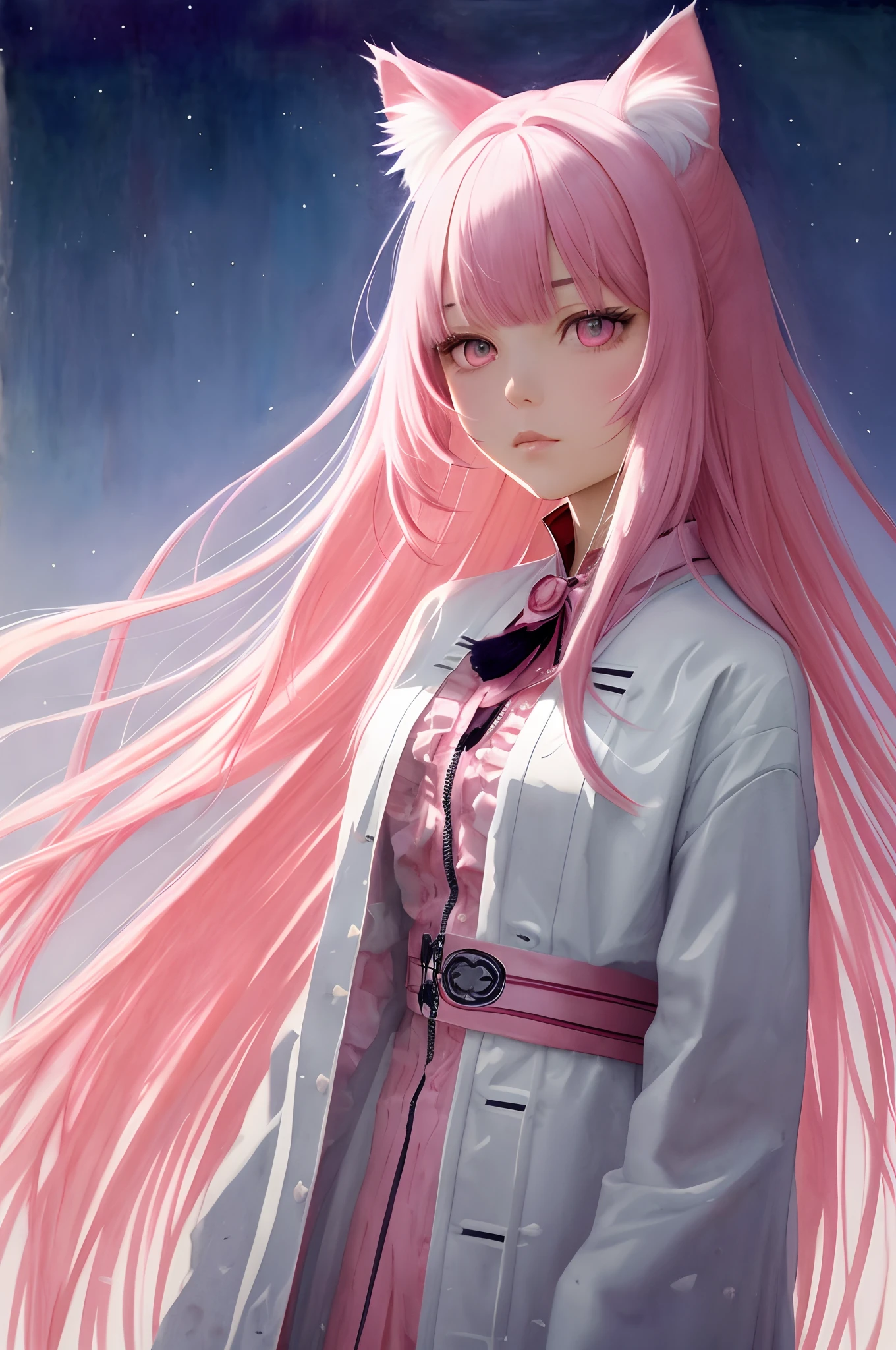 (tmasterpiece), the anime, (photo_\(Mid\):1.0), by Antonio J. Manzanedo, Jeremy Lipking, a 1girl, zipper, in a surreal landscape, Watercolor painting style, Strokes, unbuttoned, pink eyes, floting hair, hairlong, rose hair, ciberpunk, kimono, clothes in pink tones, light pink hair, cat pink fluffy ears, Adult girl