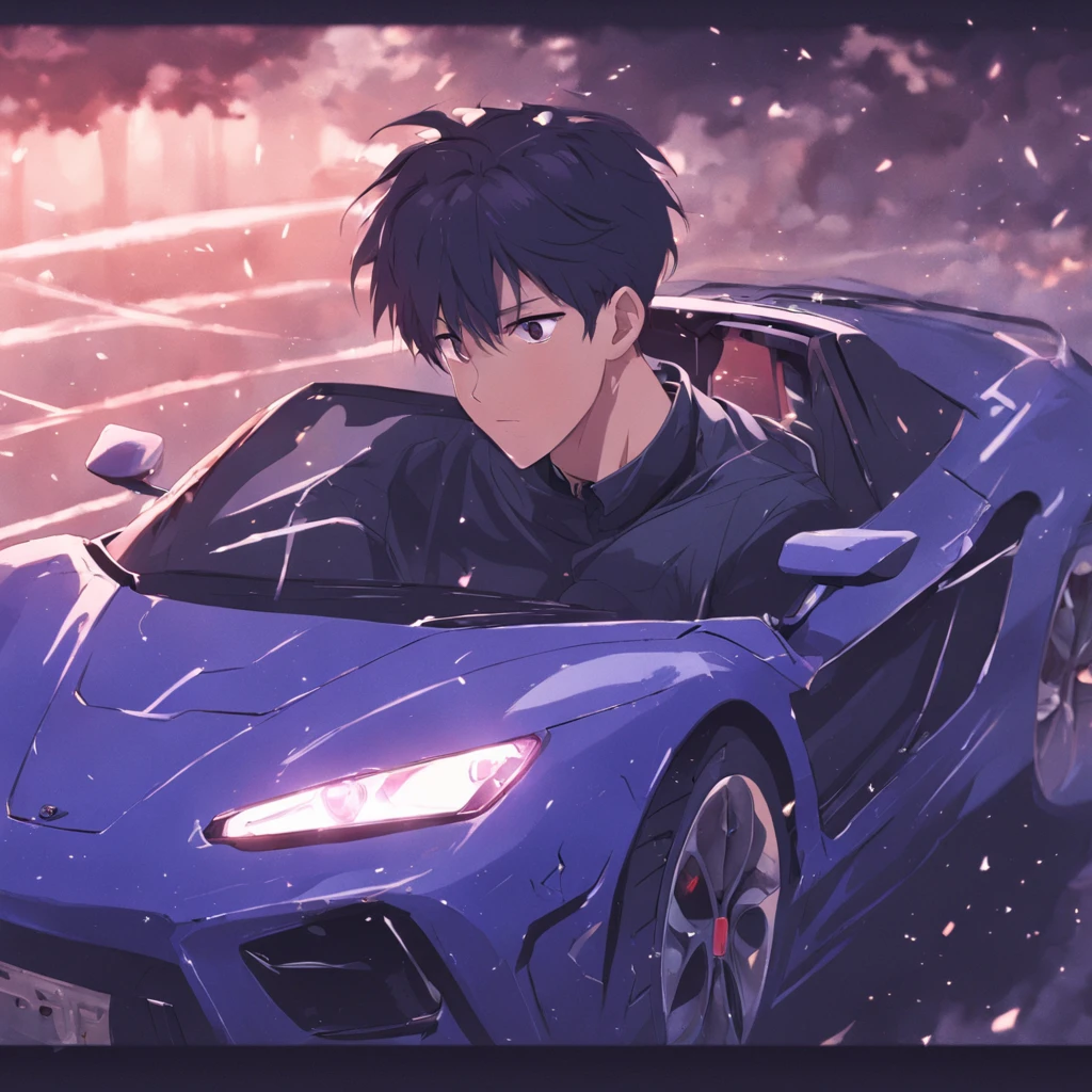 A young man driving a blue sports car.