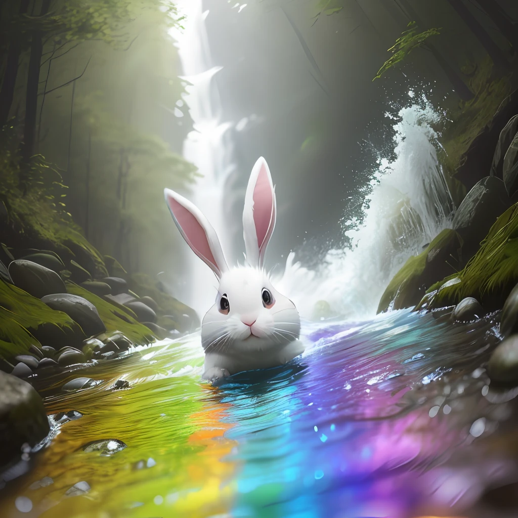 a photo of the bunny with a rainbow T-shirt and painful face when he falls and lay down into the stream, a panorama view, wet illustration, (((scare stream))), vibrant colors, action shots, 3D cartoon character, photorealistic 3d rendering, realistic photography, cinematic scenes, smoke around, 4k resolution, foggy, misty