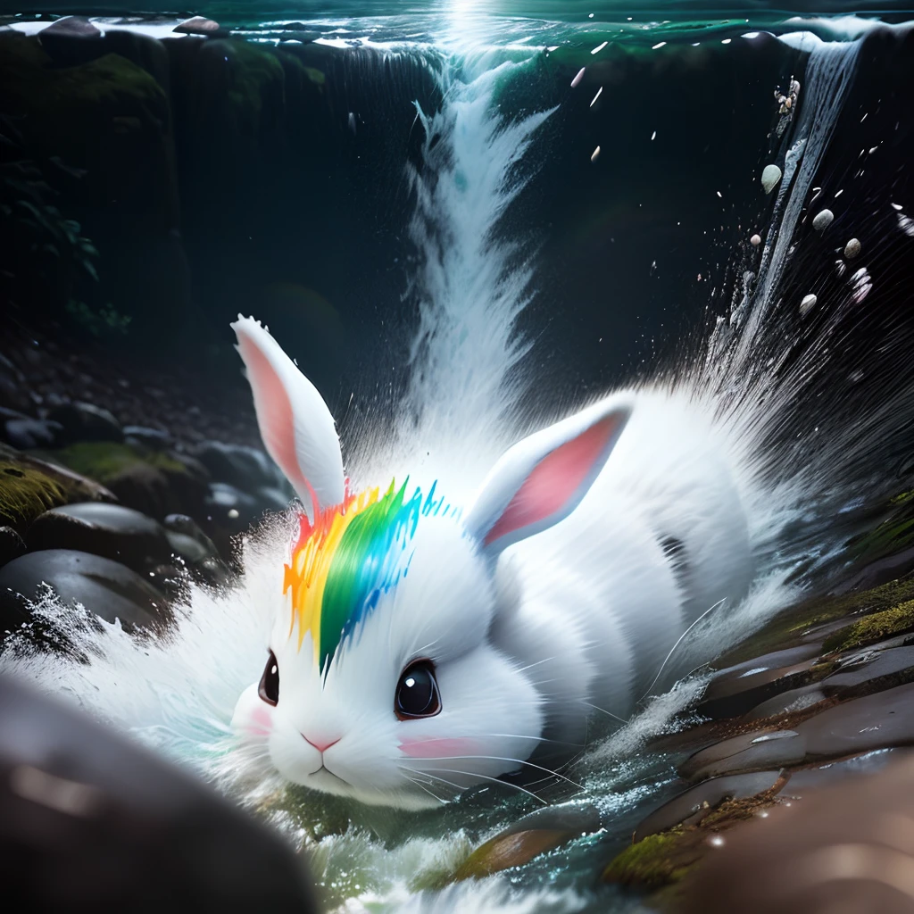 a photo of the bunny with a rainbow T-shirt and painful face when he falls and lay down into the stream, a panorama view, wet illustration, (((scare stream))), vibrant colors, action shots, 3D cartoon character, photorealistic 3d rendering, realistic photography, cinematic scenes, smoke around, 4k resolution, foggy, misty