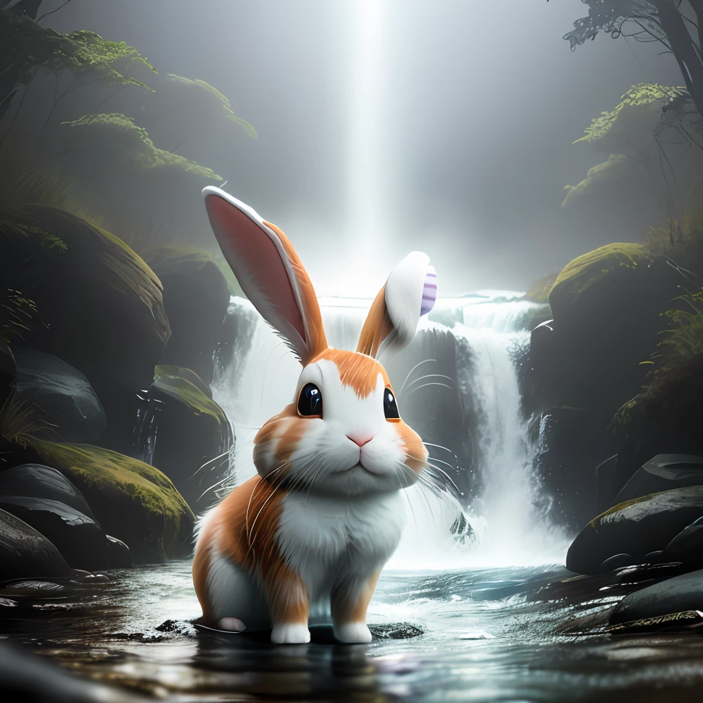 a photo of the bunny with a rainbow T-shirt and painful face when he falls and lay down into the stream, a panorama view, wet illustration, (((scare stream))), vibrant colors, action shots, 3D cartoon character, photorealistic 3d rendering, realistic photography, cinematic scenes, smoke around, 4k resolution, foggy, misty