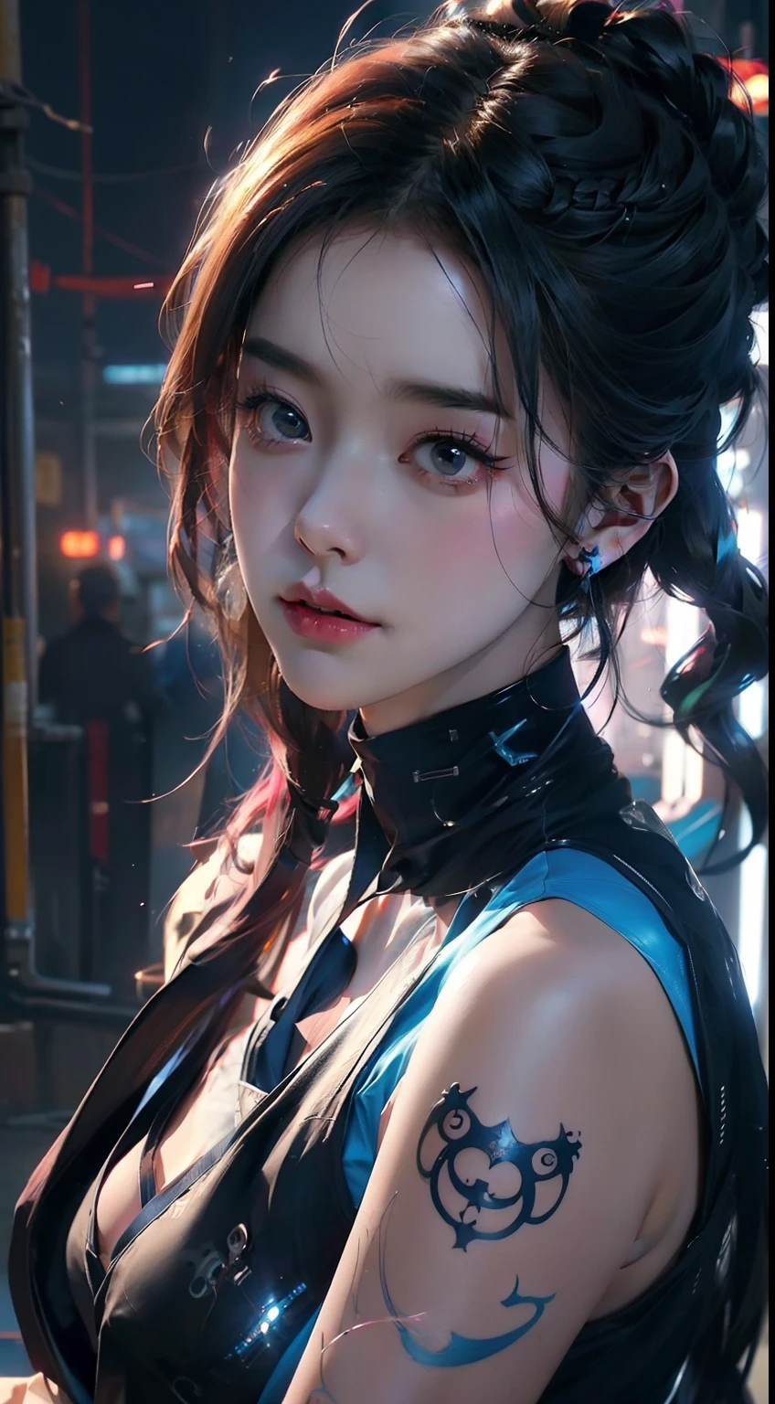 ((Best quality)), ((masterpiece)), (detailed:1.4), 3D, an image of a beautiful cyberpunk female,HDR (High Dynamic Range),Ray Tracing,NVIDIA RTX,Super-Resolution,Unreal 5,Subsurface scattering,PBR Texturing,Post-processing,Anisotropic Filtering,Depth-of-field,Maximum clarity and sharpness,Multi-layered textures,Albedo and Specular maps,Surface shading,Accurate simulation of light-material interaction,Perfect proportions,Octane Render,Two-tone lighting,Wide aperture,Low ISO,White balance,Rule of thirds,8K RAW,