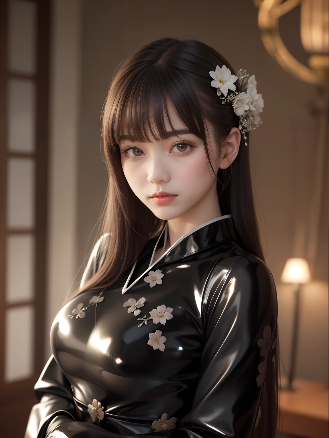 Beautiful big breasts, (Bokeh), inside in room, Detailed luxury living room, (Small_Head), Gentle and charming beautiful goddess, Korea(K-pop idols), 独奏, (areola of breast), (cleavage), delicate and sexy(鎖骨:1.3), slick skin, choker necklace, brunette color hair, long legged, short detailed hair, Oval shaped face, 二重まぶた, clever, nice hand,good feet, naturey(Colossal tits:1.25), bare shoulders, extremely tight black latex catsuit,Black latex jumpsuit that wraps around the whole body,Thin fabric,(Sit on the ground and kneel), (femele:1.35), (from below angle), (Glow Skin:1.05), (low angles)), perfect bodies, (64k uhd, hyper HD, RAW Photos, best qualtiy, tmasterpiece:1.4), (realisticlying, photos realistic:1.37), 超A high resolution, photon maping, Radio City、physically-based renderingt、Professional soft lighting