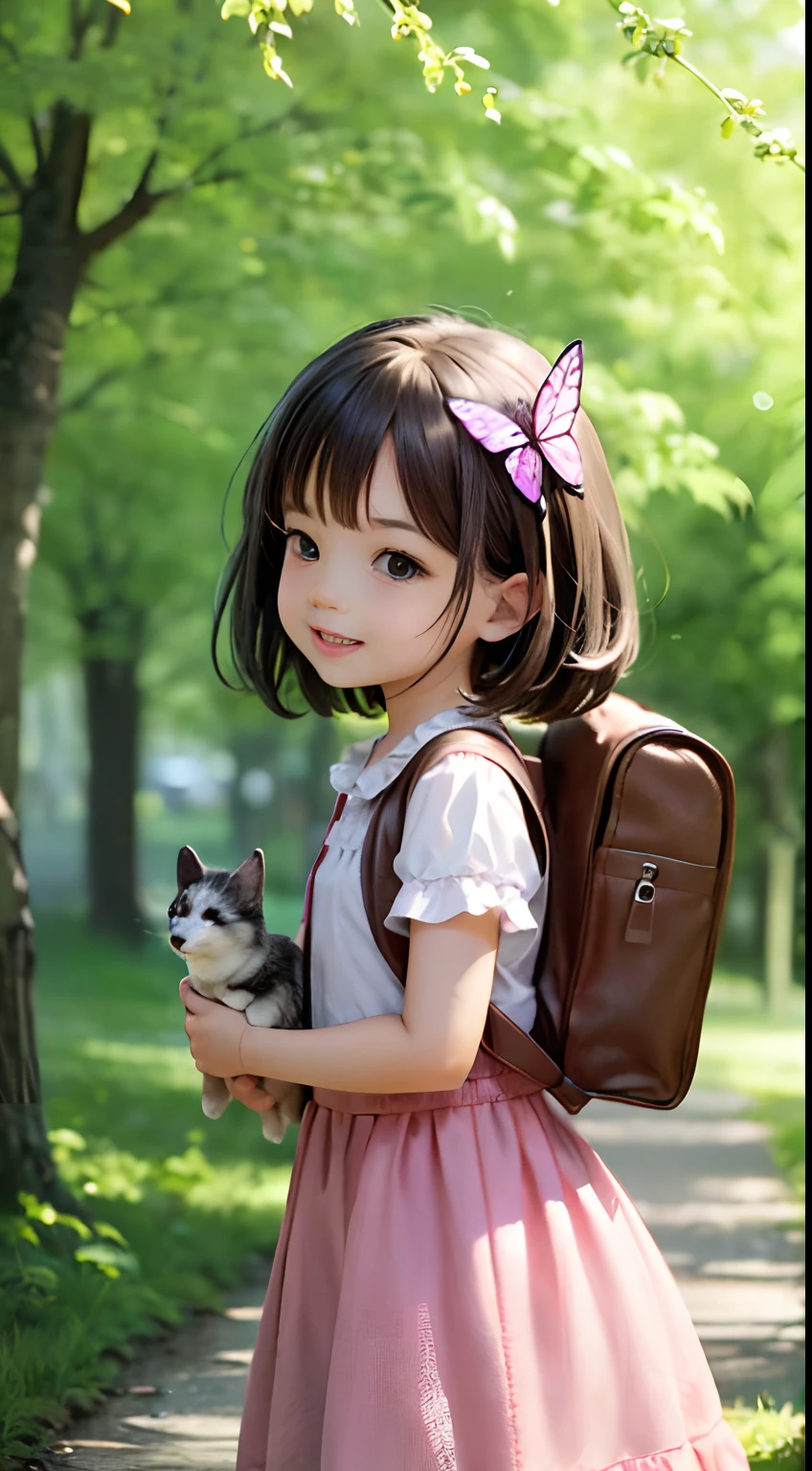 An incredibly charming girl carrying a backpack, playing with her adorable puppy, enjoying a beautiful spring walk in the park, gorgeous pink flowers and natural landscapes. The illustration is in high definition in 4k resolution, with highly detailed facial features and cartoon-style visuals, (Butterfly Dance)