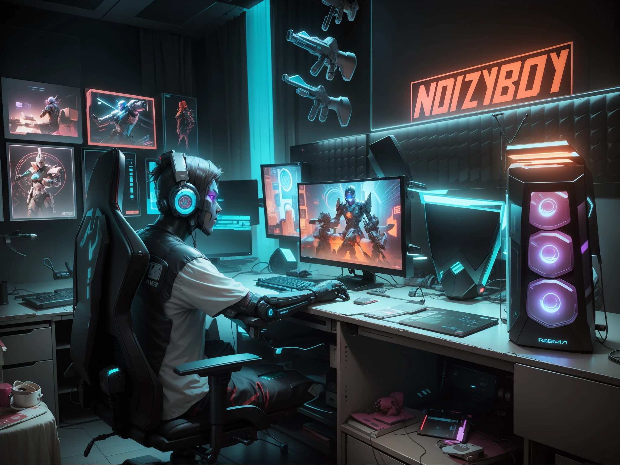 Cyberpunk gaming room, robot sitting on the chair