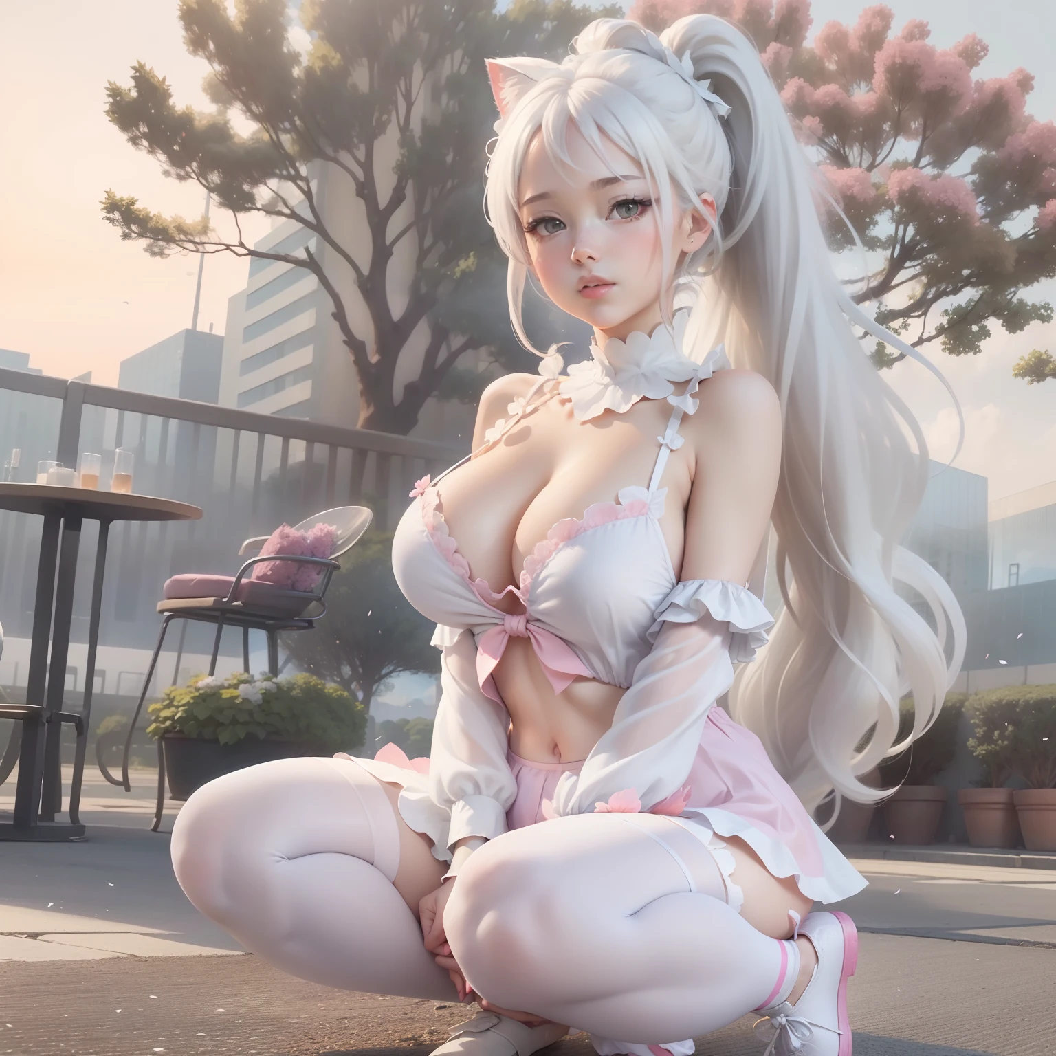 (no shoe:1.3),[(white backgrounid:1.35)::0.25], (Bottle bottom:0.9),中景 the scene is,full bodyesbian,blossoms,Fluttering petals,stone fragment,Beautiful and delicate water,​​clouds,suns,eventide,the sunset,,(Solo:1.2),(Masterpiece),(Best quality),(Extremely detailed Cg Unity 8K wallpaper),(high resolution),(Best background details:1.26),(best character detail:1.36),(Pastel (mediating):1.35),Sparkle,1girll,(whaite hair:1.2),Gray eye,cat ear,,Hair between the eyes,((Low double ponytail)),long whitr hair, ((White:1.2) upper legs:1.3),, illustration, accumulate, Table, flower, bow, bangs, tree, rrills,  pink flower,  exteriors, pink bows,   [(Floating island:1.2,Cloud)::5],gigantic cleavage breasts，Pinch your breasts with both hands，White lace tights，legs are open，Open crotch racket，White transparent tights，super gigantic breasts，gigantic cleavage breasts，Spread your legs towards the audience