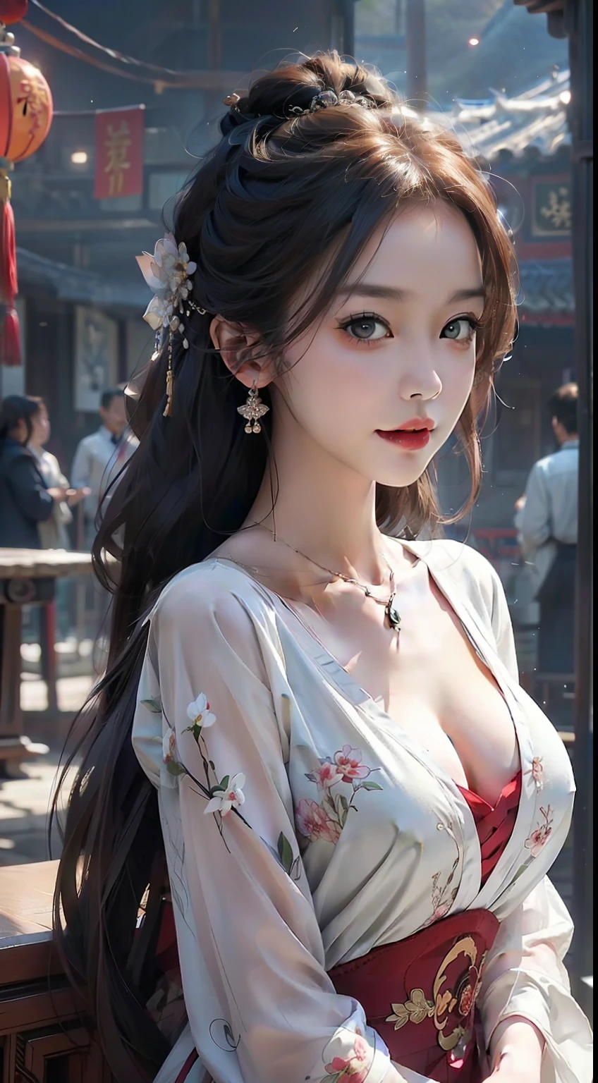 Best quality, (RAW photo: 1.2), (Masterpiece: 1.4), (Realistic: 1.4), (High resolution: 1.4), Chinese actress Gulinazha, depth of field, intricate details, 8k, very detailed, perfect lighting, epic background, big bust 1.3, cheongsam, large open 1.3 ((chest exposed)), thin legs