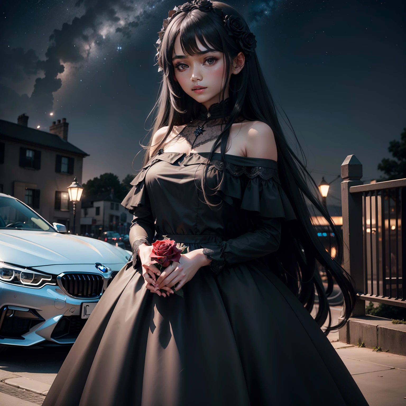 A black long hair girl with a long grey frock dress holding welted rose and looking for someone and background is night and stars with bmw car