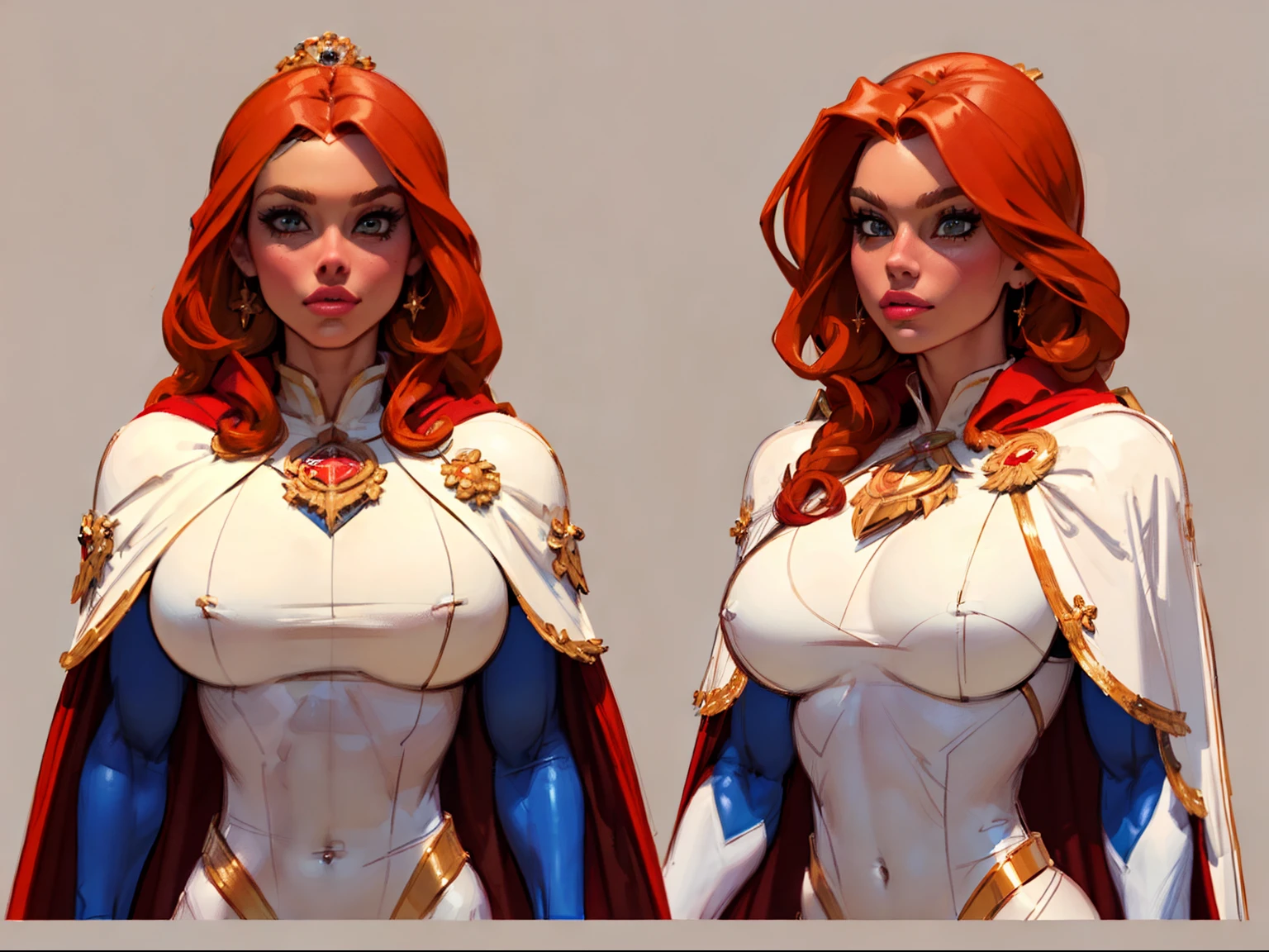 ((masterpiece)),(((best quality))),((character design sheet)), illustration,1woman, environment Scene change, muscular, (white skin:1.4), white legs, thick legs, (royalty cape:1.5), scribbles and marks, fire, ((detailed face:1.1)), (curly red hair:1.4) rough sketches, pose too, blonde and white color palette, 8k,16k, (simple background, light background: 1.3)