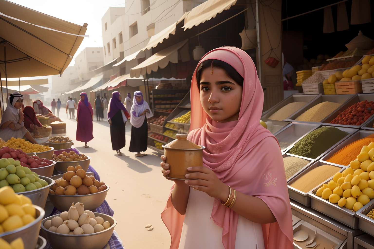 Date: 2014
Country: Bahrain
Description: Against the backdrop of a sunlit Bahraini market, a age Bahraini girl confidently haggles for spices with a vendor, her pastel shawl adding a touch of elegance.