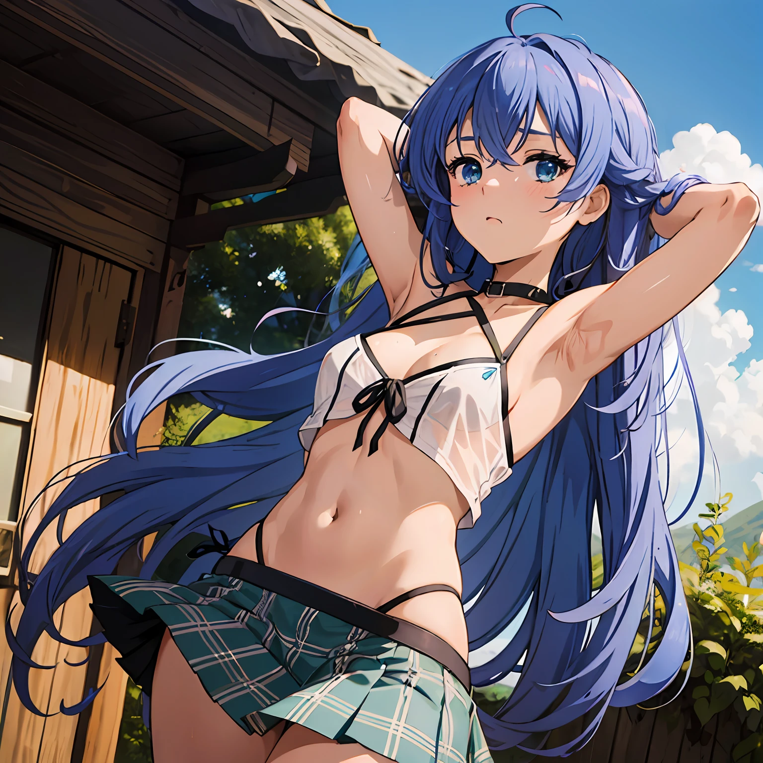 Roxy Migurdia, GIRL, (Masterpiece: 1.1), (Best Quality: 1.1), mircro bikini, (White Bikini: 1.1), (Plaid Skirt: 1.1), mini Skirt, Blake [Green Grass: Pink, :0.5] Themed, (Urban Background: 1.1), Denim Lenses, Blake Silver, Long, Green Eye, Landscape, small chest, short height,  girl, flat chest, small, see-through, cleavage, ((bare shoulder)), exposed, loose shirt, navel, (presenting armpit)