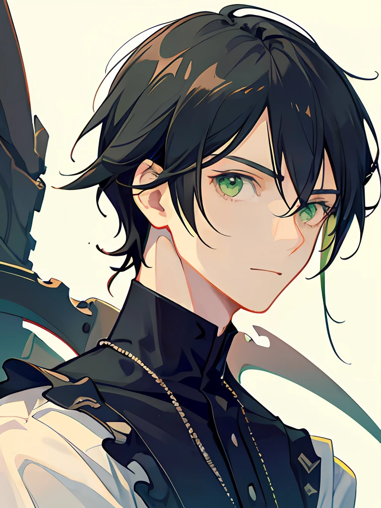 A boy , black hair Mature, manly , green eyes, simple wallpaper , strong, 3/4 face angle, shoulder-to-shoulder ratio