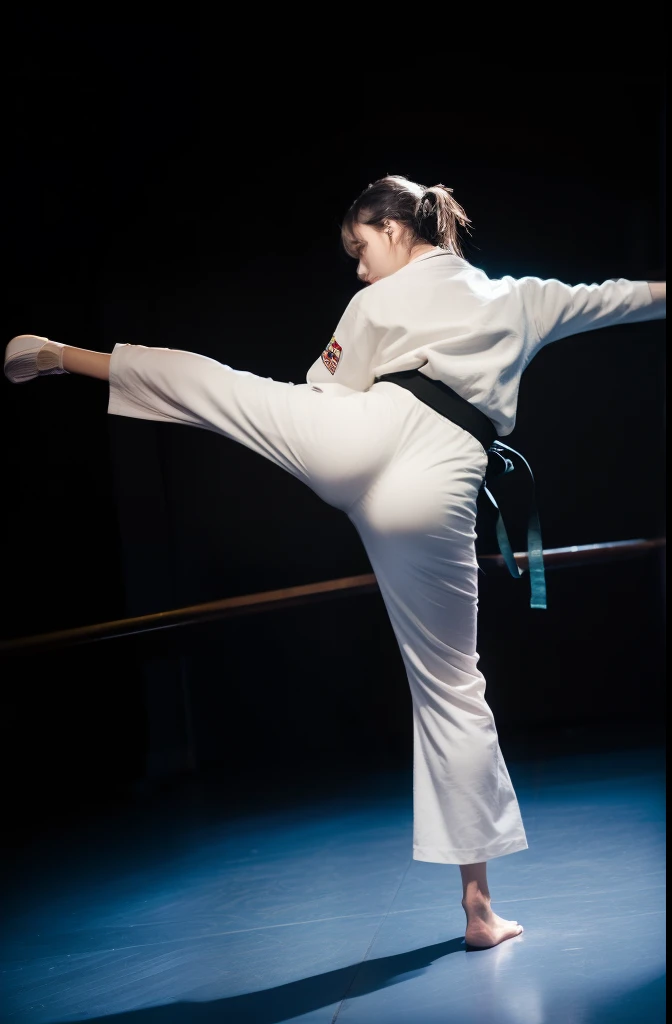 (8K、Raw photography、qulity、、、、、、masterpiece:1.2)、(realisitic、Photorealsitic:1.37)、(1girl in), Karate girl in Japan、18 years old、White thin karate uniform、Fighting, (Kick Pose:1.0), ((Spinning kick:1.0)), Training room in the dark、solemnity、Be intimidating、Dignified atmosphere、Slightly stiff figure、(big ass), thick lower body、tight-fitting Karate pants, (Camel toe), ((Skindentation)), (From below:1.0), dynamic angle