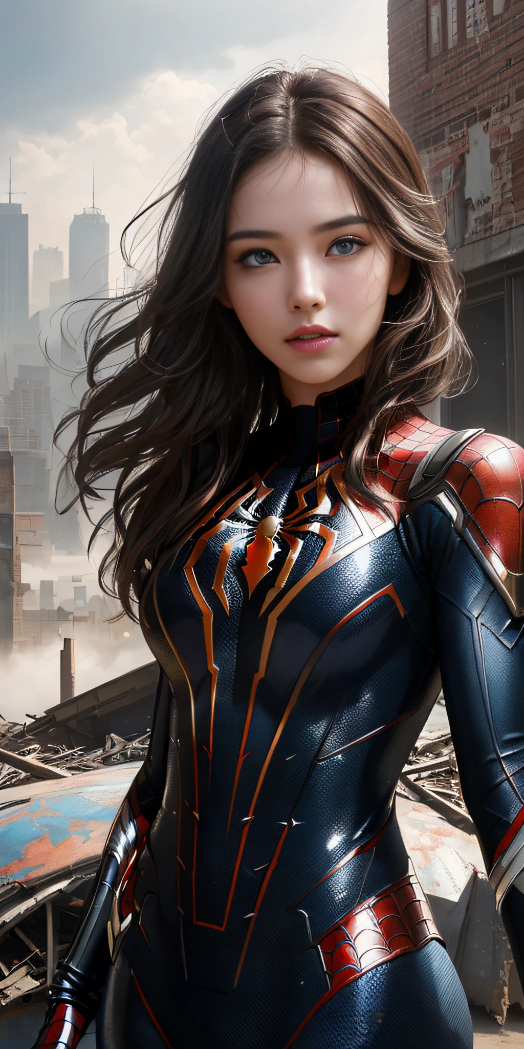 (1girl:1.3), solo, (((extremely detailed face))),(((extremely detailed eyes and face))),beautiful detailed eyes,body-parts__, official art, unified 8k wallpaper, super detailed, beautiful and aesthetic, beautiful, masterpiece, best quality, raw, masterpiece, super fine photo, best quality, super high resolution, photorealistic realism, sunlight, full body portrait, amazing beauty,, dynamic pose, delicate face, vibrant eyes, (from the front), she is wearing a Spider-man suit, red and black color scheme, spider, very detailed abandoned warehouse background, Detailed face, detailed complex busy background, messy, gorgeous, milky white, highly detailed skin, realistic skin details, visible pores, sharp focus, volumetric fog, 8k uhd, DSLR, high quality, film grain, fair skin, photo realism, lomography, huge metropolis in future dystopia, seen from below, translucent
