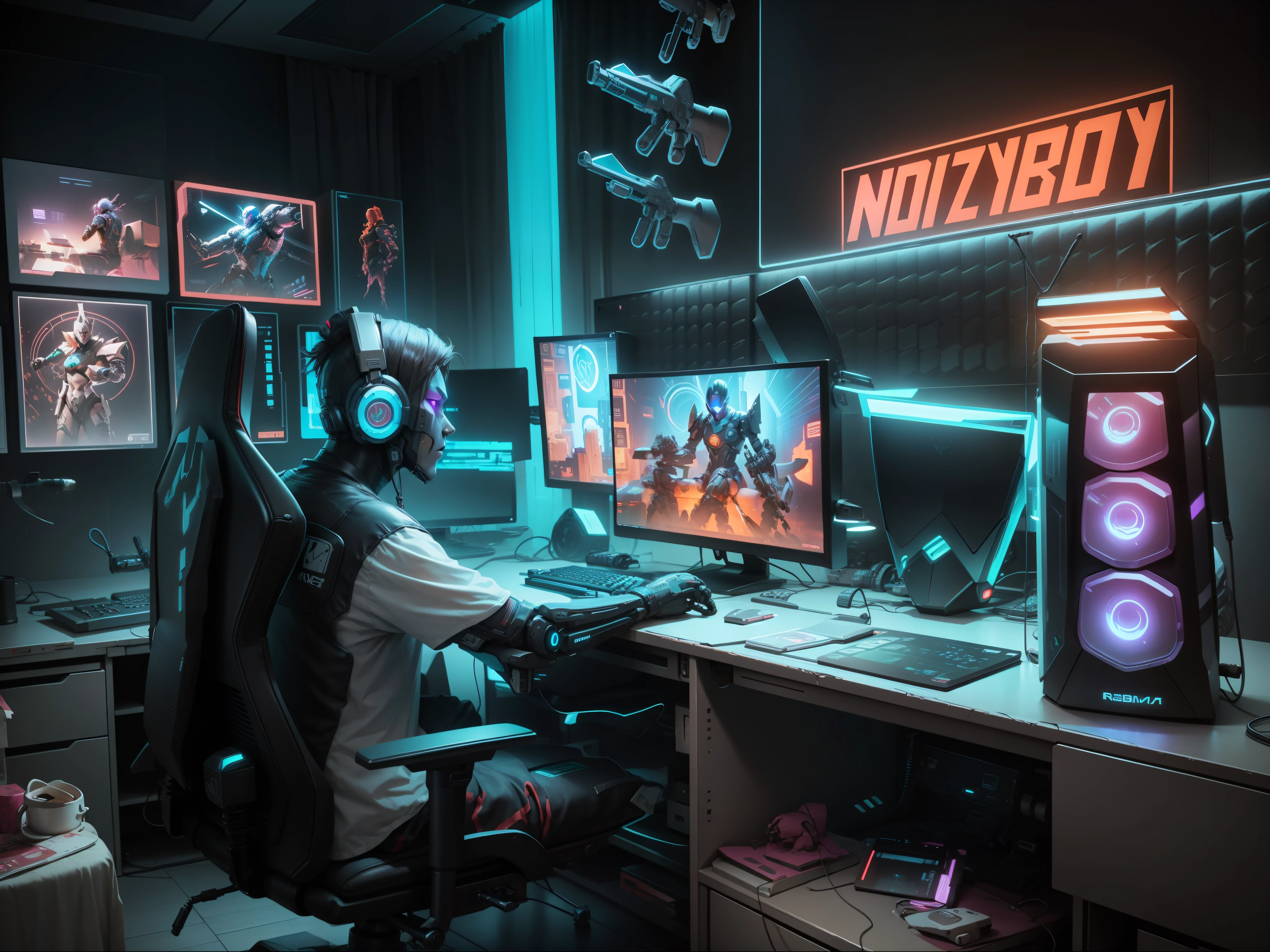 Cyberpunk gaming room, robot sitting on the chair