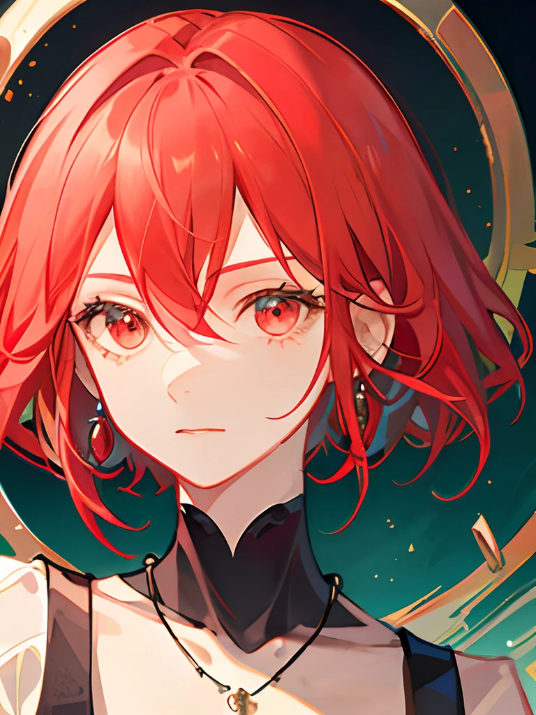 A beautiful boy , red hair , 15 year ago, Wearing gorgeous earrings, gorgeous, short hair , wears a necklace of many gems, many accessories on the head, Beauty