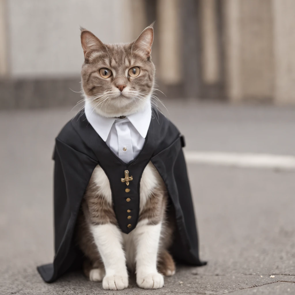 A cat in a lawyer's uniform in front of him carrying a briefcase in the courtroom.