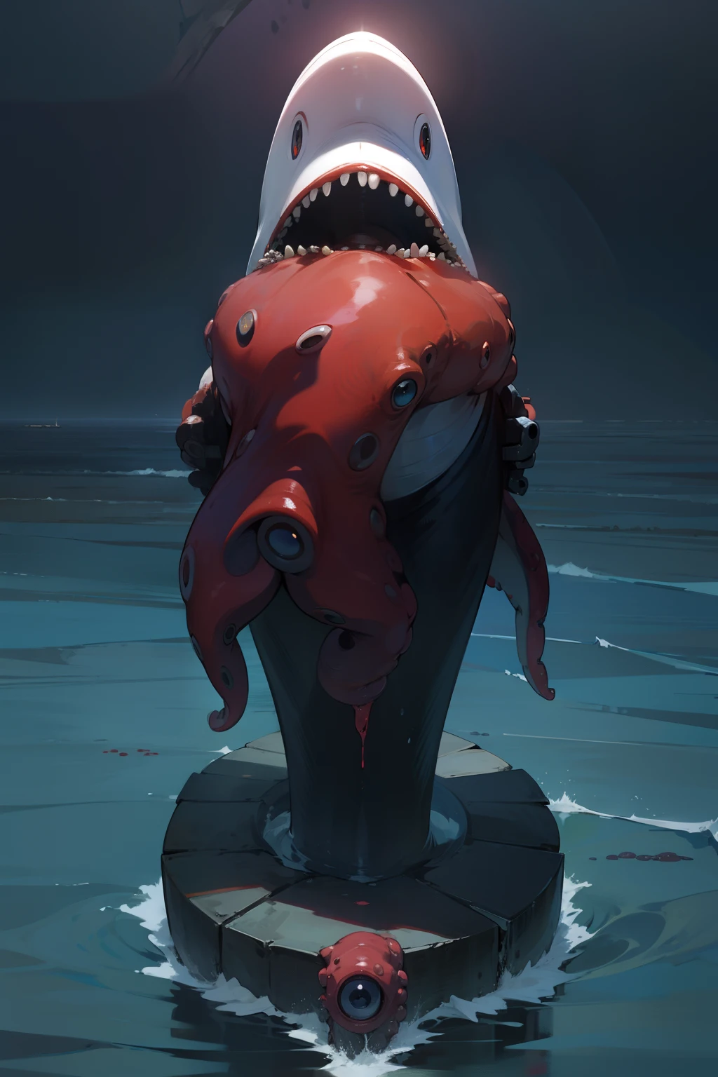 Nuclear wastewater in the ocean，A whale with tentacles and eyes is opening its blood basin