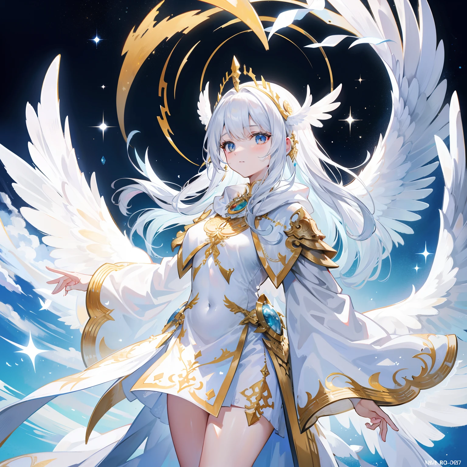 A golden white haired angel with hazel eyes and white wings with golden tips is floating in a blue sky.