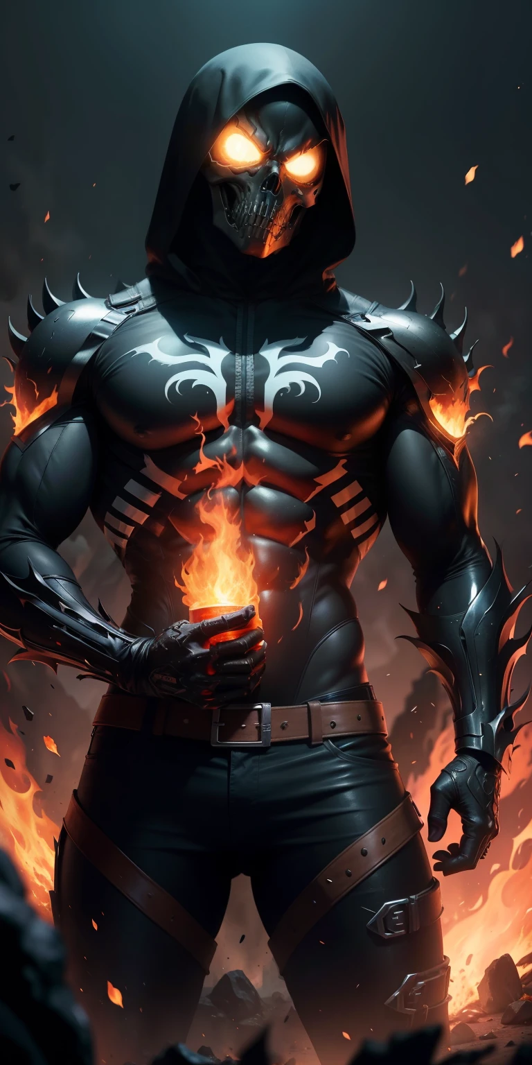 (Ultra resolution 8K), Epic work of art, Stunning fusion of Venom and Ghost Rider is a dark being with skin blackened by the symbiote, con una calavera en llamas coronada por el simbionte en lugar de cabeza. Cadenas ardientes serpentean alrededor de su forma, listas para castigar a los culpables. Un aura de oscuridad y fuego lo rodea constantemente, encarnando una justicia implacable.