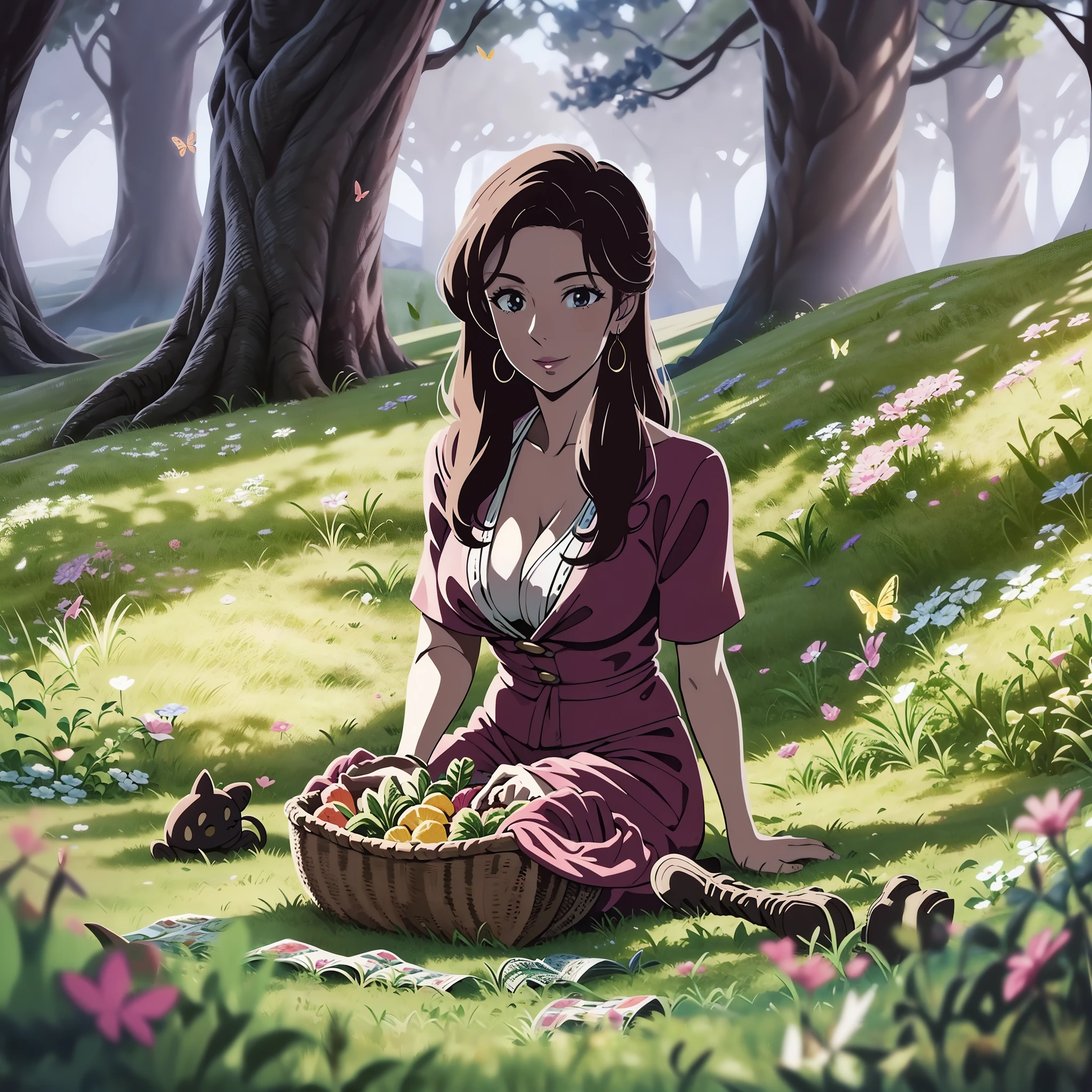 woman, age 30, milf, having a picnic in a picturesque meadow, surrounded by flowers, butterflies, and the gentle company of woodland creatures.