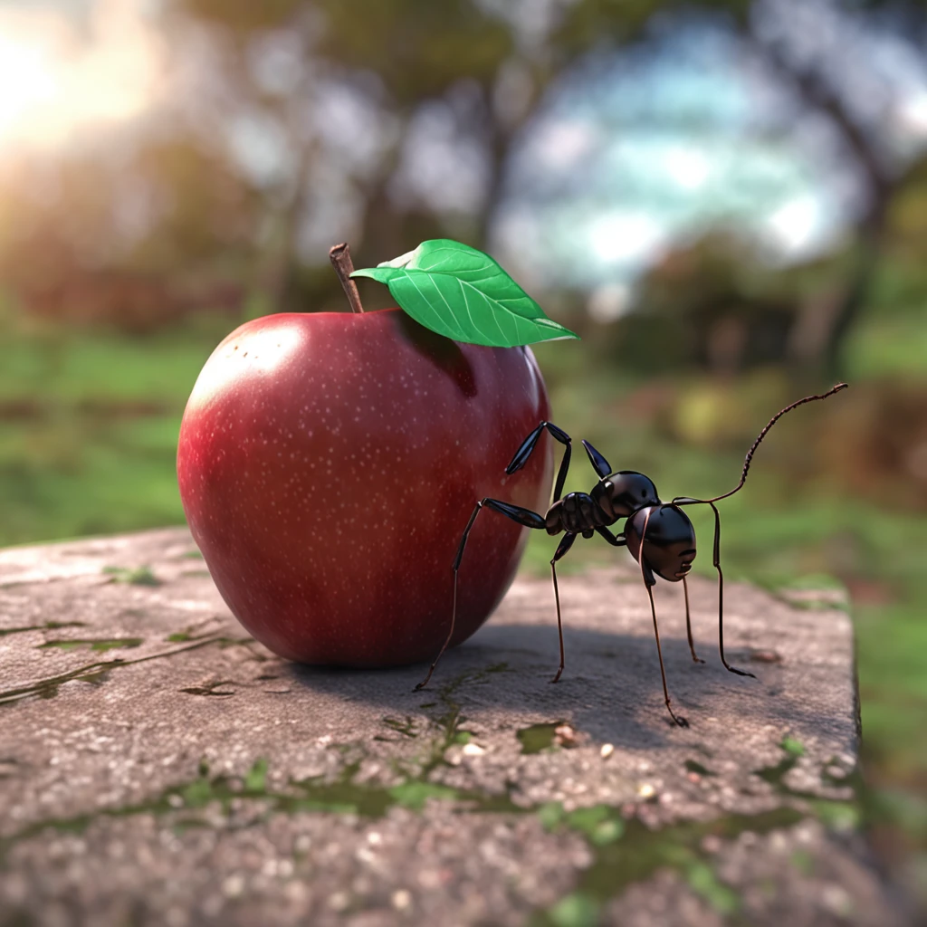 A giant ant lies on a bitten apple,The apple was bitten,Apple is missing a piece,An ant lies on an apple,Dreamy light,Low-angle lens shooting,photorealistic cinematic render, Cinematic 3D rendering, realistic cgi render, Depicted as a 3D rendering