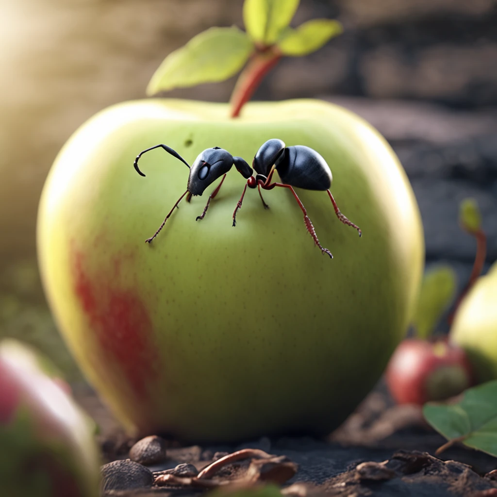 A giant ant lies on a bitten apple,The apple was bitten,Apple is missing a piece,An ant lies on an apple,Dreamy light,Low-angle lens shooting,photorealistic cinematic render, Cinematic 3D rendering, realistic cgi render, Depicted as a 3D rendering
