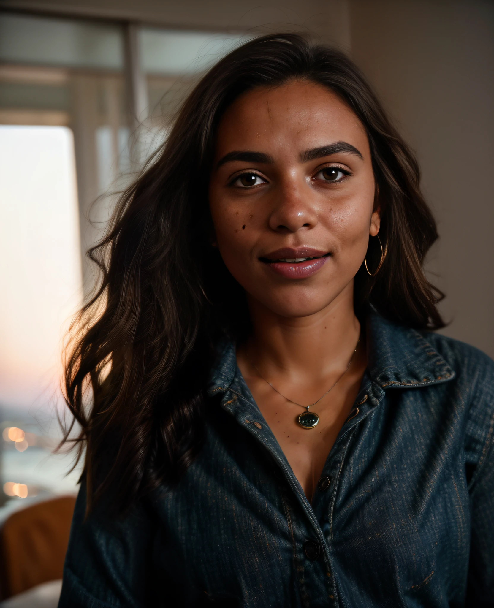 (8k, RAW photo, highest quality) depth of field, bokeh, 8K, HDR, cinematic rendering, realistic skin texture, detailed skin pores, 20-year-old black-haired woman, some small freckles, front view, full body, sexy pose, dressed in a tight jeans, white blouse, straps dropped, peeled off, at the mall, grainy film, lul, crazy details, intricate details, hyperdetailed, sunset, shyness, seduction, romance, open mouth, elated, looks at the lens with love
