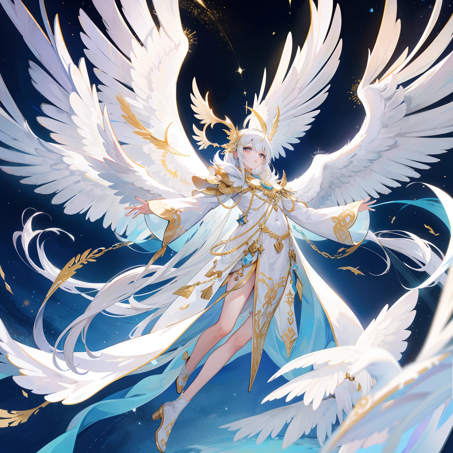 White hair、Wearing a silk gown、Man flying in the air, heise jinyao, Onmyoji detailed art, xianxia fantasy, Beautiful young wind elf, White-haired deity, author：Yang J, ethereal essence, Chinese Fantasy, flowing white robe, G Liulian art style, Full body fairy, 8k high quality detailed art