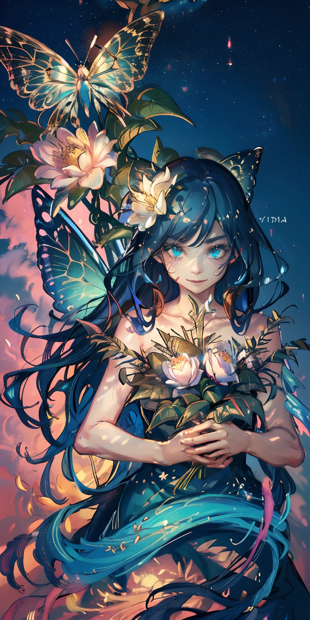 (Masterpiece:1.2, high quality), (pixiv:1.4), ,fansty world, {{{best quality}}}, {{ultra-detailed}}, {illustration}, flower fairy, cinematic angle, {detailed light},cinematic lighting. A beautiful 3d spectral crystal flower, soft girl fairy, colorful butterflies flying around the rose, smile