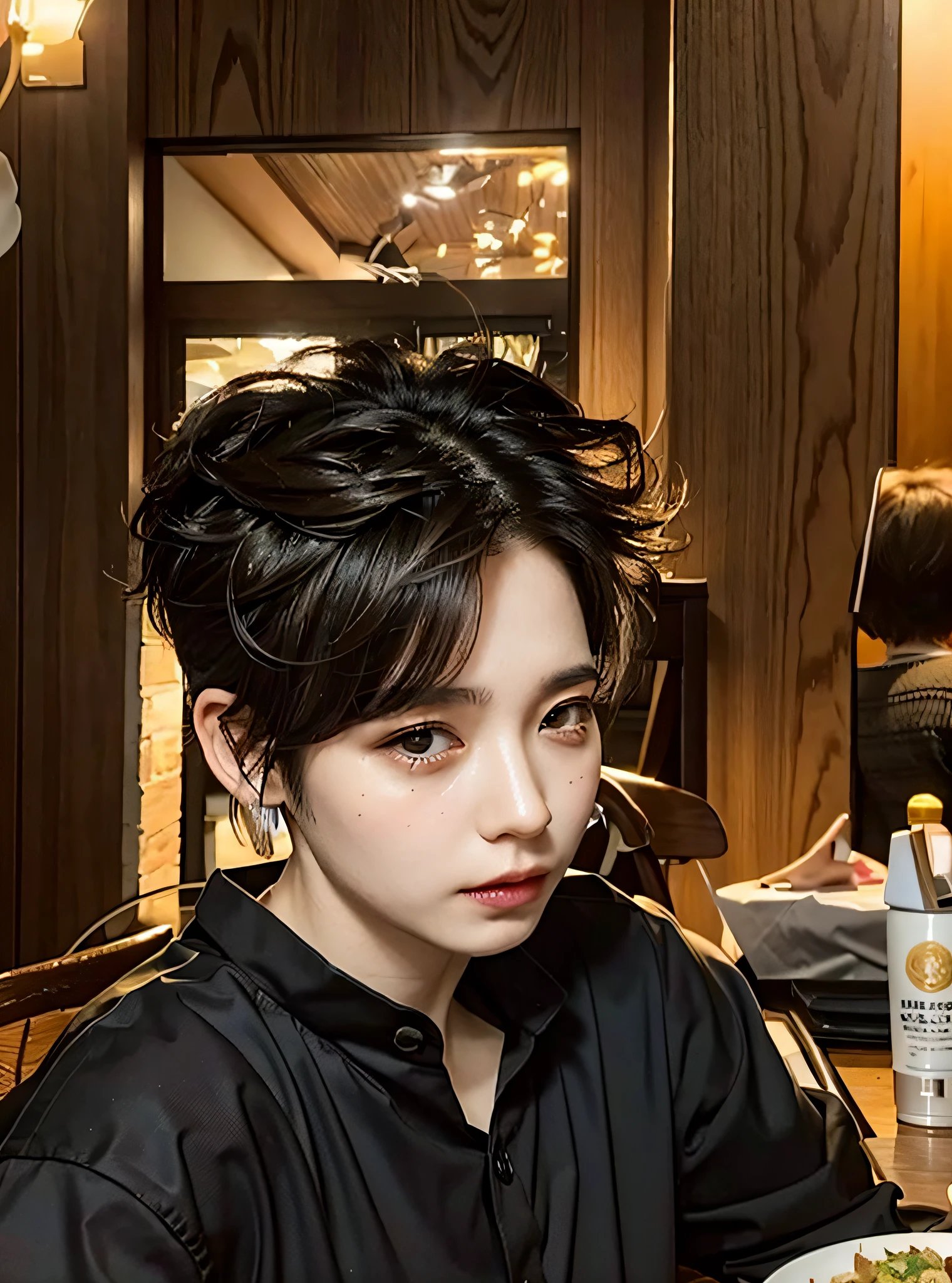 there is a woman sitting at a table with a plate of food, with short hair, his hair is messy and unkempt, parted hair, greasy hair, short hair with gel, short hair on top of his head, short hair on sides of head, buzzed hair on temple, died hair, short hair cut, very short messy hair