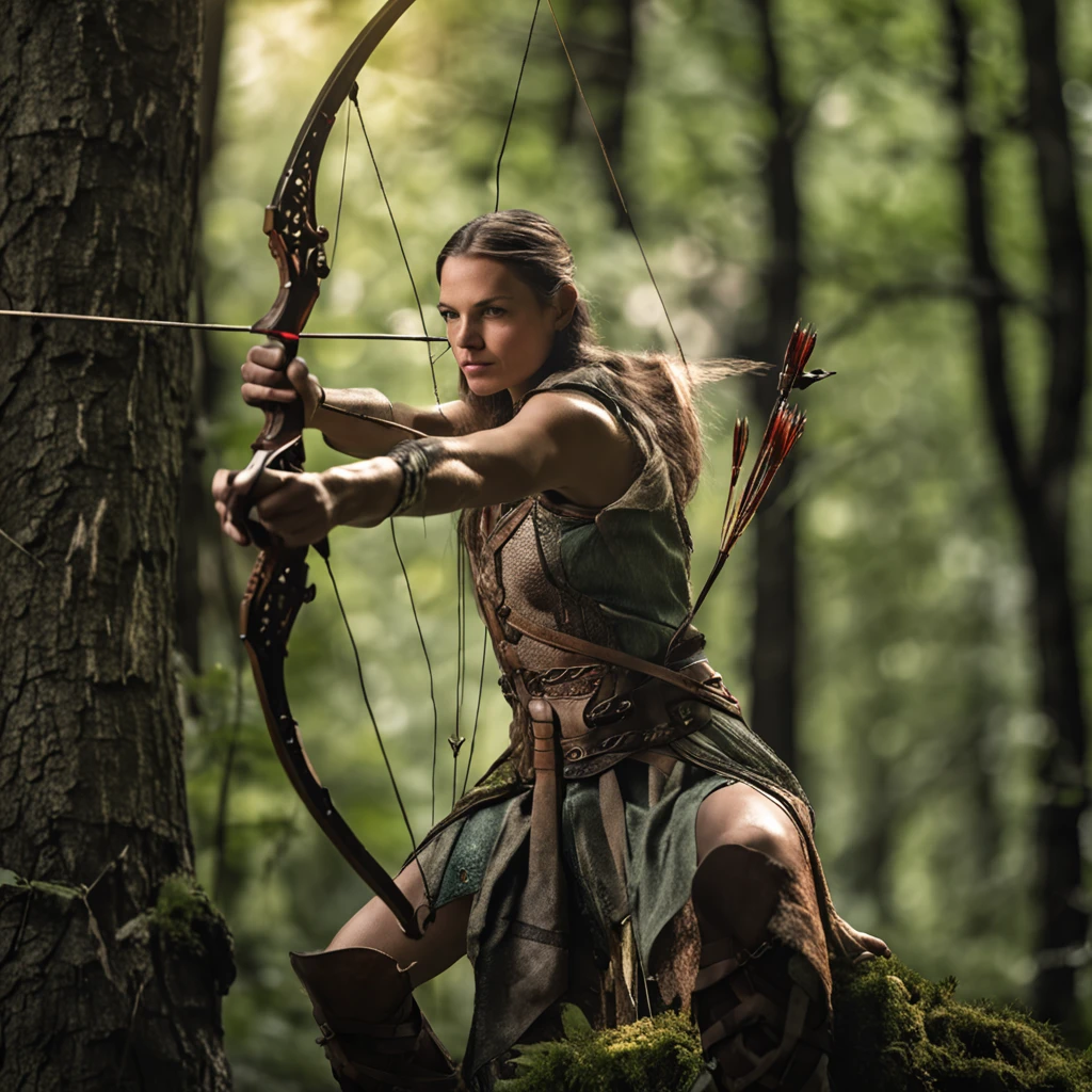 An enchanting and evocative photo capturing the essence of an elven archer as they patiently await the perfect opportunity to release their arrow. Perched gracefully on a sturdy tree branch, the elven archer blends seamlessly with the surrounding forest, their keen eyes focused intently on their target below. The dappled sunlight filters through the leaves, casting a soft, ethereal glow on the archer's elven features and the intricate details of their finely crafted bow and arrows. The photograph is taken with a Sony Alpha 7R IV mirrorless camera, paired with a Sony FE 70-200mm f/2.8 GM OSS lens, known for its exceptional image quality and versatility. The camera settings are carefully chosen to capture the elven archer's poise and concentration, with an aperture of f/4 to maintain a balanced depth of field, ISO 400 for optimal image quality, and a shutter speed of 1/250 sec to freeze any subtle movement. The composition is framed to showcase the archer's connection to the natural world, with the vibrant greens of the forest serving as a harmonious backdrop to their ethereal presence. The elven archer's attire, adorned with intricate patterns and flowing fabrics, reflects their connection to the mystical realm. The scene is imbued with a sense of anticipation and mystery, inviting viewers to share in the archer's vigilance and appreciation for the delicate balance of the forest. This captivating, high-resolution photograph transports viewers to a world of fantasy and wonder, where the boundaries between nature and magic blur.