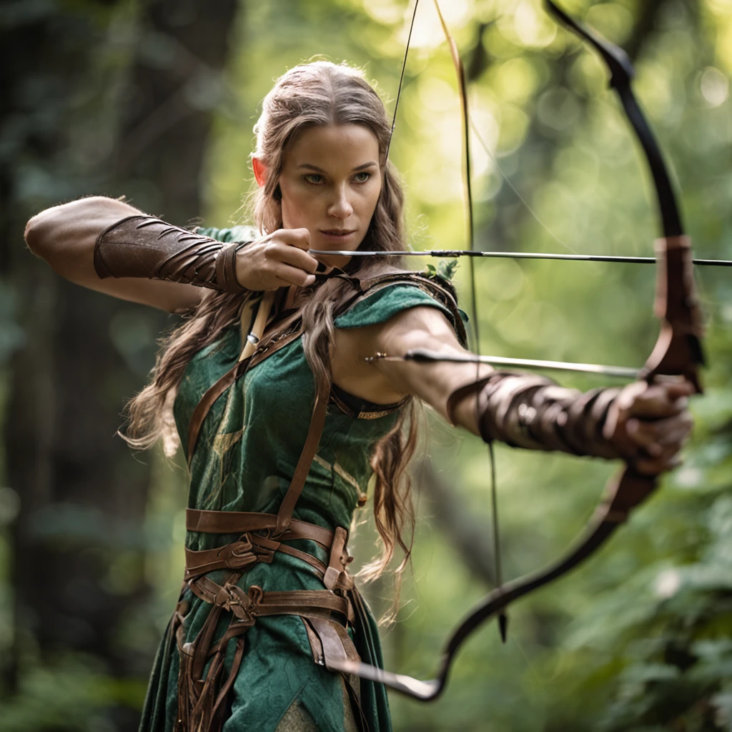 An enchanting and evocative photo capturing the essence of an elven archer as they patiently await the perfect opportunity to release their arrow. Perched gracefully on a sturdy tree branch, the elven archer blends seamlessly with the surrounding forest, their keen eyes focused intently on their target below. The dappled sunlight filters through the leaves, casting a soft, ethereal glow on the archer's elven features and the intricate details of their finely crafted bow and arrows. The photograph is taken with a Sony Alpha 7R IV mirrorless camera, paired with a Sony FE 70-200mm f/2.8 GM OSS lens, known for its exceptional image quality and versatility. The camera settings are carefully chosen to capture the elven archer's poise and concentration, with an aperture of f/4 to maintain a balanced depth of field, ISO 400 for optimal image quality, and a shutter speed of 1/250 sec to freeze any subtle movement. The composition is framed to showcase the archer's connection to the natural world, with the vibrant greens of the forest serving as a harmonious backdrop to their ethereal presence. The elven archer's attire, adorned with intricate patterns and flowing fabrics, reflects their connection to the mystical realm. The scene is imbued with a sense of anticipation and mystery, inviting viewers to share in the archer's vigilance and appreciation for the delicate balance of the forest. This captivating, high-resolution photograph transports viewers to a world of fantasy and wonder, where the boundaries between nature and magic blur.