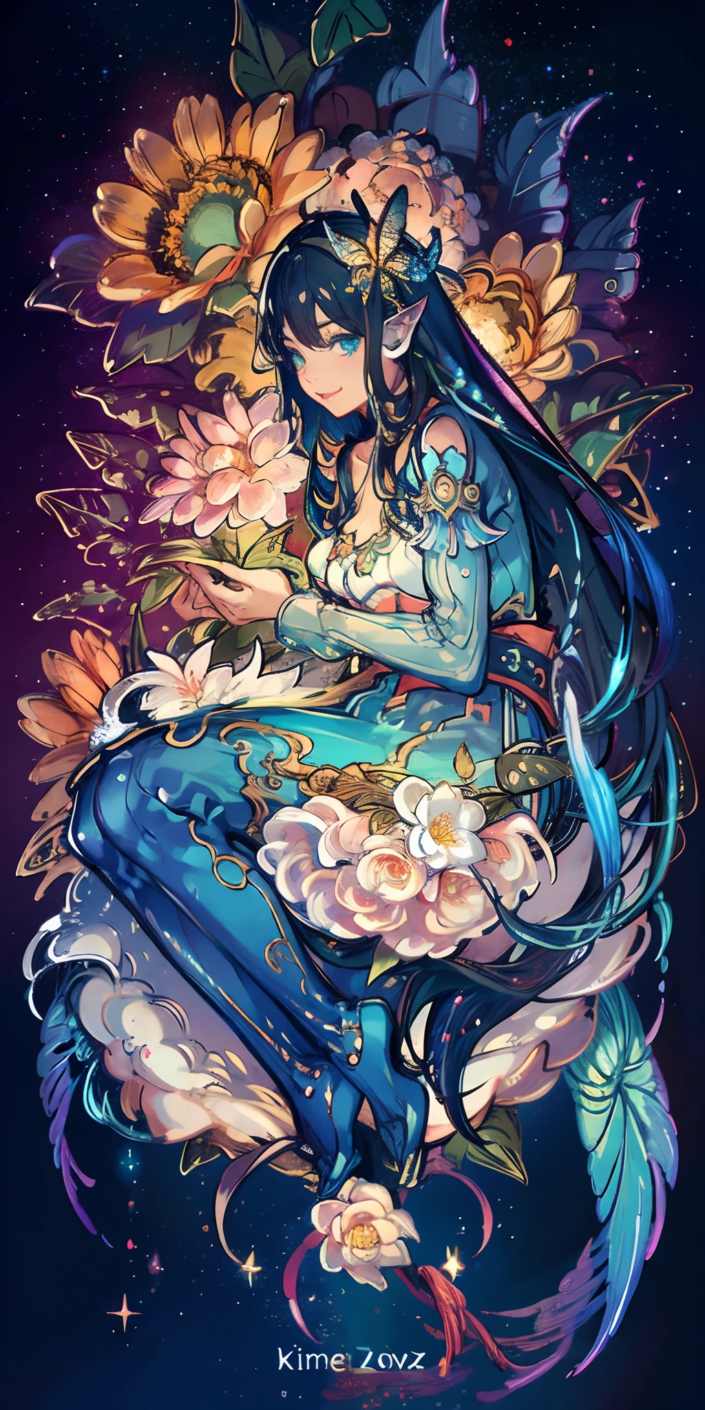 (Masterpiece:1.2, high quality), (pixiv:1.4), ,fansty world, {{{best quality}}}, {{ultra-detailed}}, {illustration}, flower fairy, cinematic angle, {detailed light},cinematic lighting. A beautiful 3d spectral crystal flower, soft girl fairy, colorful butterflies flying around the rose, smile