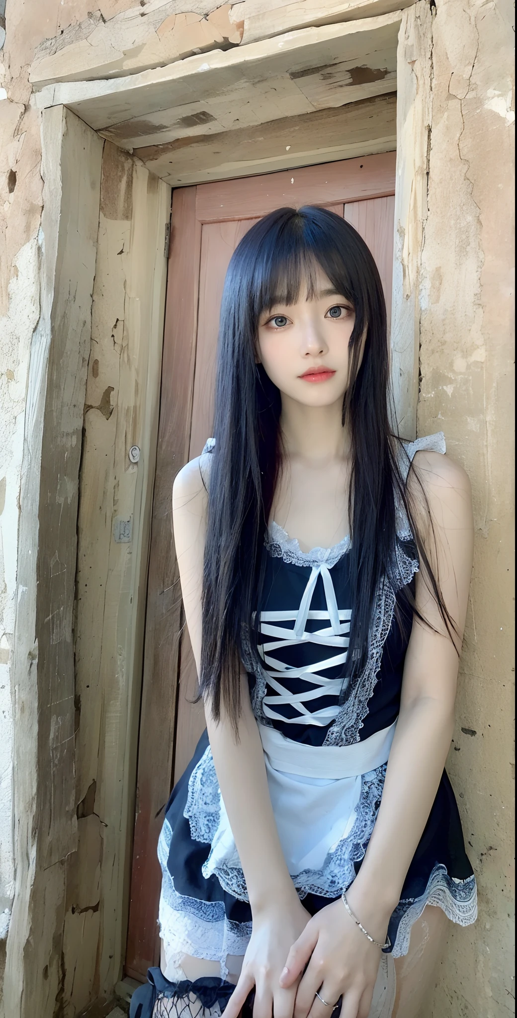 Top quality, Masterpiece, 超高分辨率, (Realistic, : 1.4), Original photo, (True skin texture: 1.3), (filmgrain: 1.3), in a panoramic view, Portrait, Very wide lens, Narrow waist, cowboy lens, (bangs, Inconspicuous, Cold light,) Night, Close-up, Tears, Short hair, neck long, ears sticking out, bangs, Big eyes, Brightly Colored Eyes, In the house, Dust, Tindall effect, (Facial expression), Sitting, (hitting a wall), Crying, Frowning, (Looking down), Nervousness, Tears, smiling happily
one girl, eyes and face with beautiful details, White jabot, pink dark V, Brown eyes,