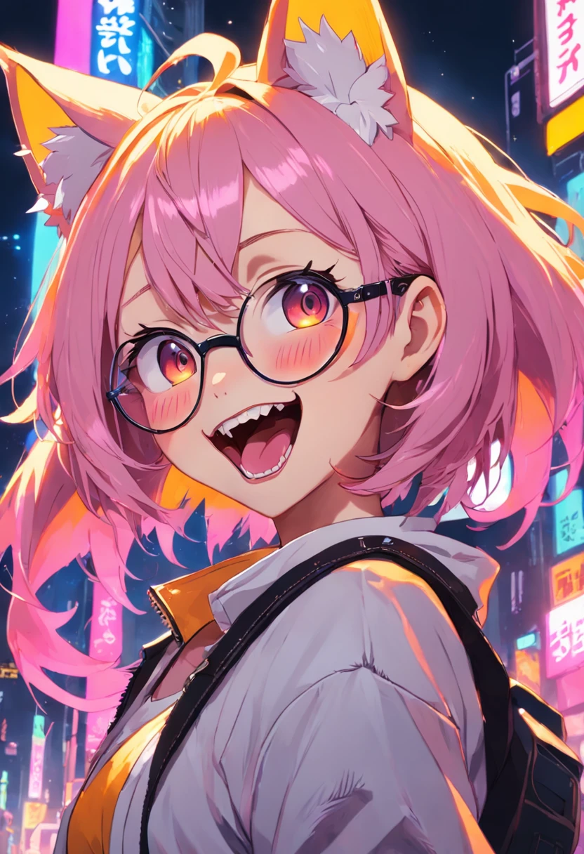 chica gotica, despeinada, pelo ondulado, mirando a camara, sonriendo, sonrisa radiante, Showing a tusk, luz de neon, ropa cyberpunk, open mouth, smile, fangs, tongue out, cat ears, fox ears, rimless eyewear, Ghibli-like colours, emphasis lines, UHD, super detail, best quality, highres, high details, anatomically correct, textured skin, HD, HD, 4K