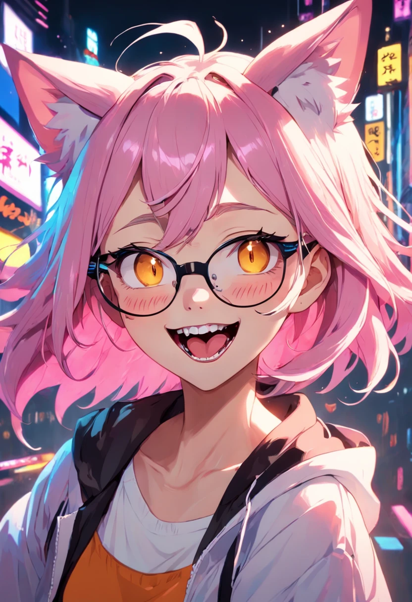 chica gotica, despeinada, pelo ondulado, mirando a camara, sonriendo, sonrisa radiante, Showing a tusk, luz de neon, ropa cyberpunk, open mouth, smile, fangs, tongue out, cat ears, fox ears, rimless eyewear, Ghibli-like colours, emphasis lines, UHD, super detail, best quality, highres, high details, anatomically correct, textured skin, HD, HD, 4K