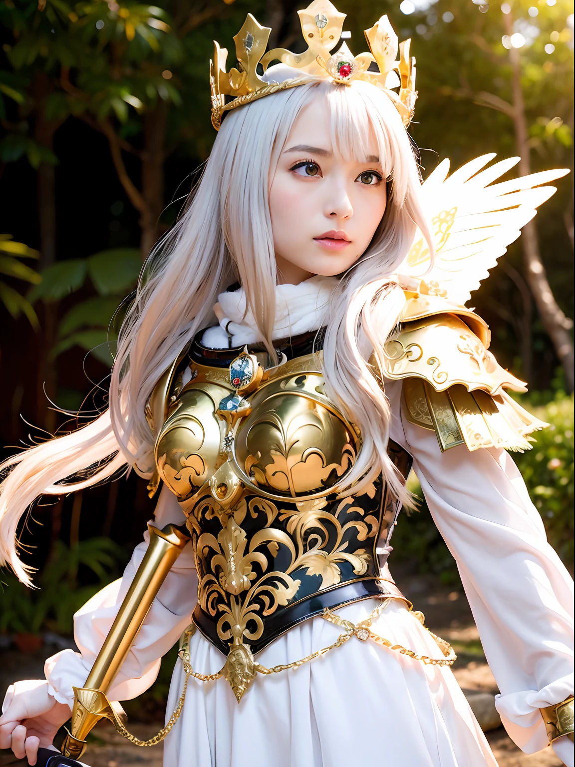 (masutepiece), Professional , masterpiece、top-quality、photos realistic , depth of fields (Gemstone White Metal Body:1.9),(Matte White、Jewel Gold Weapon(Jewel Metal Body:1.4),Gorgeous metal weapons ,(( Detailed and gorgeous sword of the brave)) , Beautiful knife ,warhammer 40k , adepta sororitas,Detail and ornate jewel crown、((Micro Bikini Armor))、((Gangle's forest background))、Beautiful Caucasian beauty、1a person、dynamic ungle,(((Detailed and ornate diamond crown)))、Smaller head、A smile、Background inside the castle、Thin and beautiful female hands、cleavage of the breast、Soldier in iron armor on background、Mystical expression、Light Effects、intense fighting、Wind-effect、magic circles、With the legendary magic wand、(wings of light)、Toostock、Toostock、