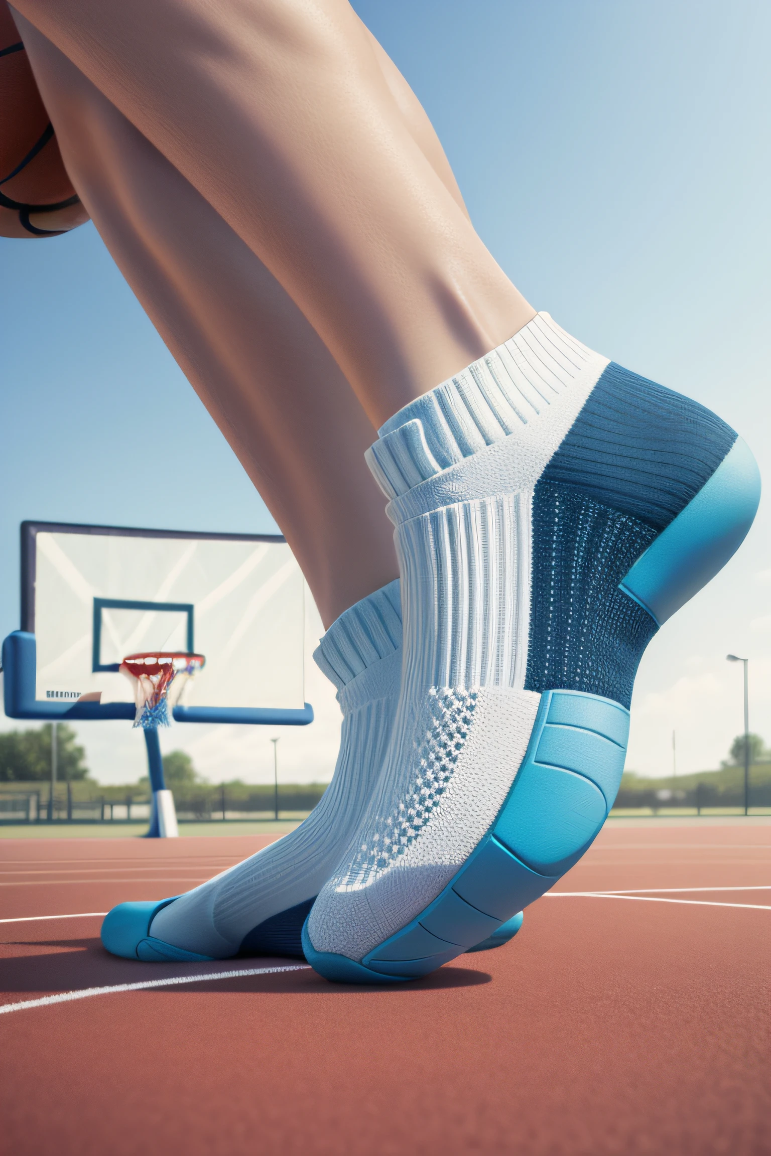 Summer basketball court，Foot and calf sides，sockes，Ankle pads，low perspective，Look up，tmasterpiece，high qulity，ultra-realistic realism，depth of fields