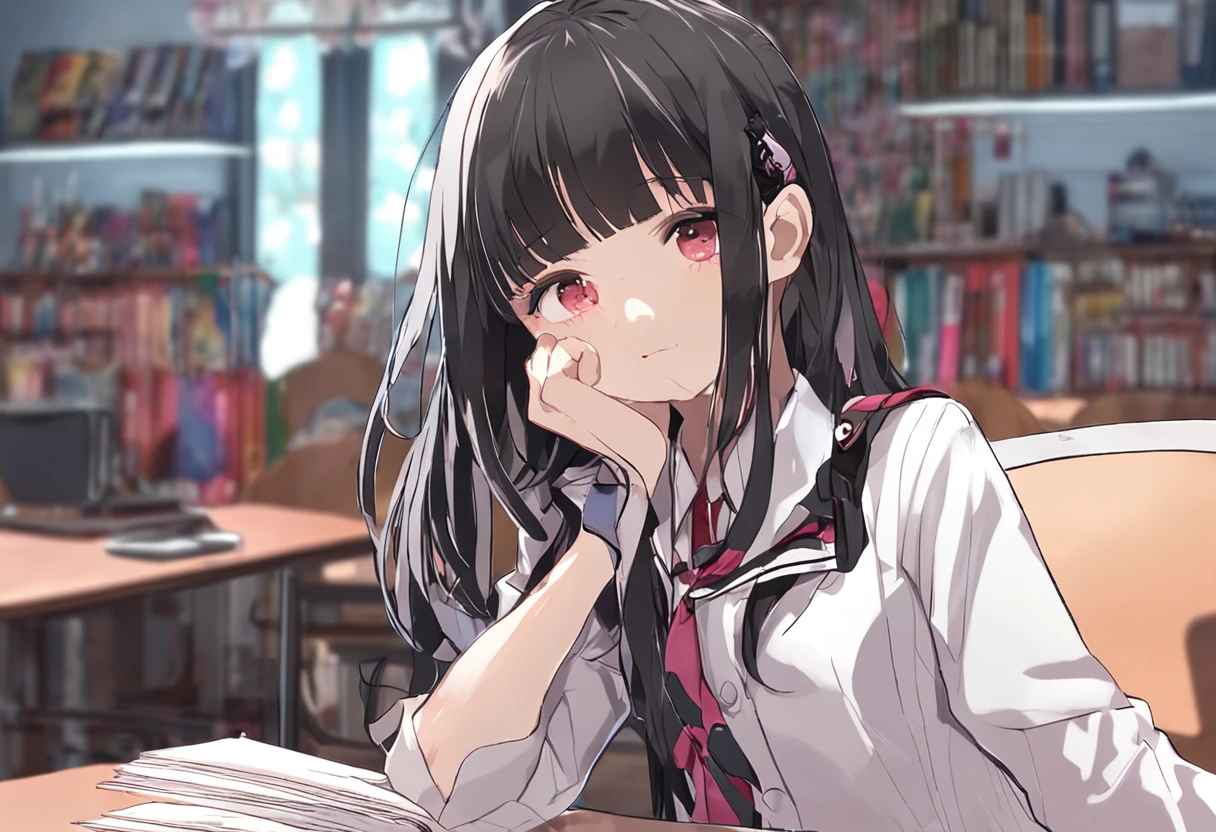Masterpiece, Best quality, Ultra-detailed, illustration, Portrait, 1girll, black_Hair, Pink eyes,  Long hair,  school uniform,