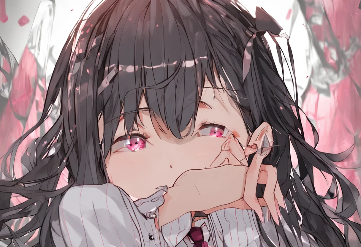 Masterpiece, Best quality, Ultra-detailed, illustration, Portrait, 1girll, black_Hair, Pink eyes, Long hair, school uniform,
