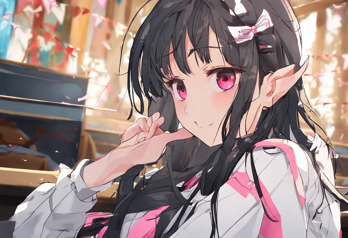 Masterpiece, Best quality, Ultra-detailed, illustration, Portrait, 1girll, black_Hair, Pink eyes, Long hair, school uniform,